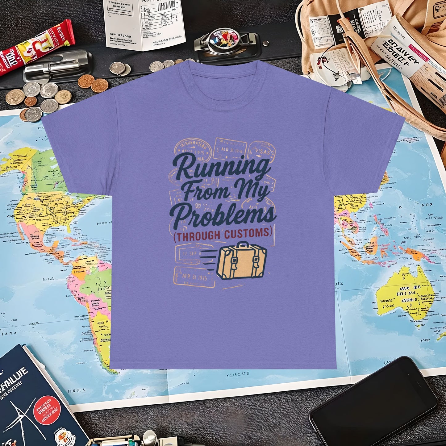 Running From My Problems Through Customs – Vintage Travel Quote Tee with Passport Stamps Air Travel T-Shirts | Jetsetter, Airport, and International Flight Tees