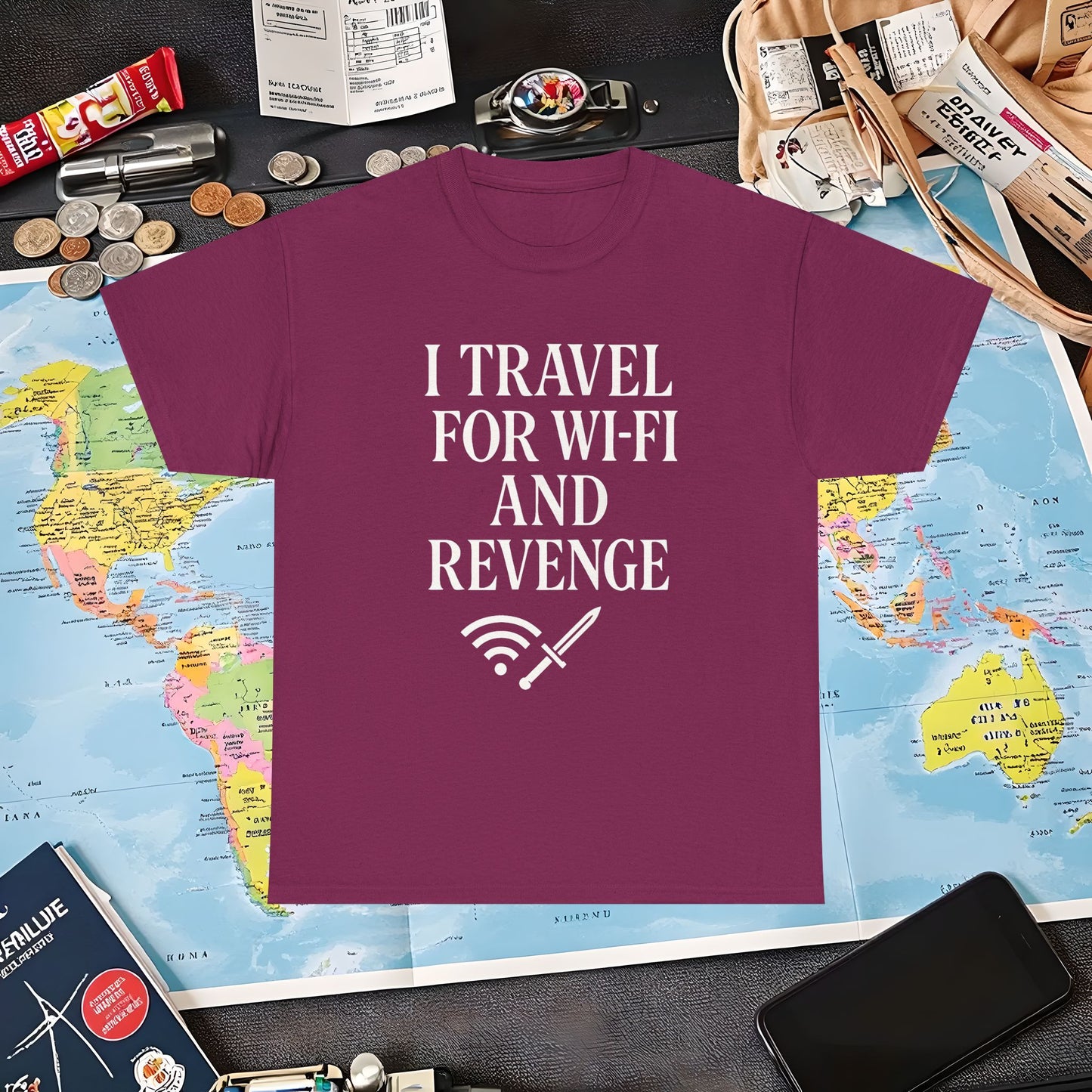 I Travel for WiFi and Revenge – Bold Quote Tee with Dagger Icon Air Travel T-Shirts | Jetsetter, Airport, and International Flight Tees