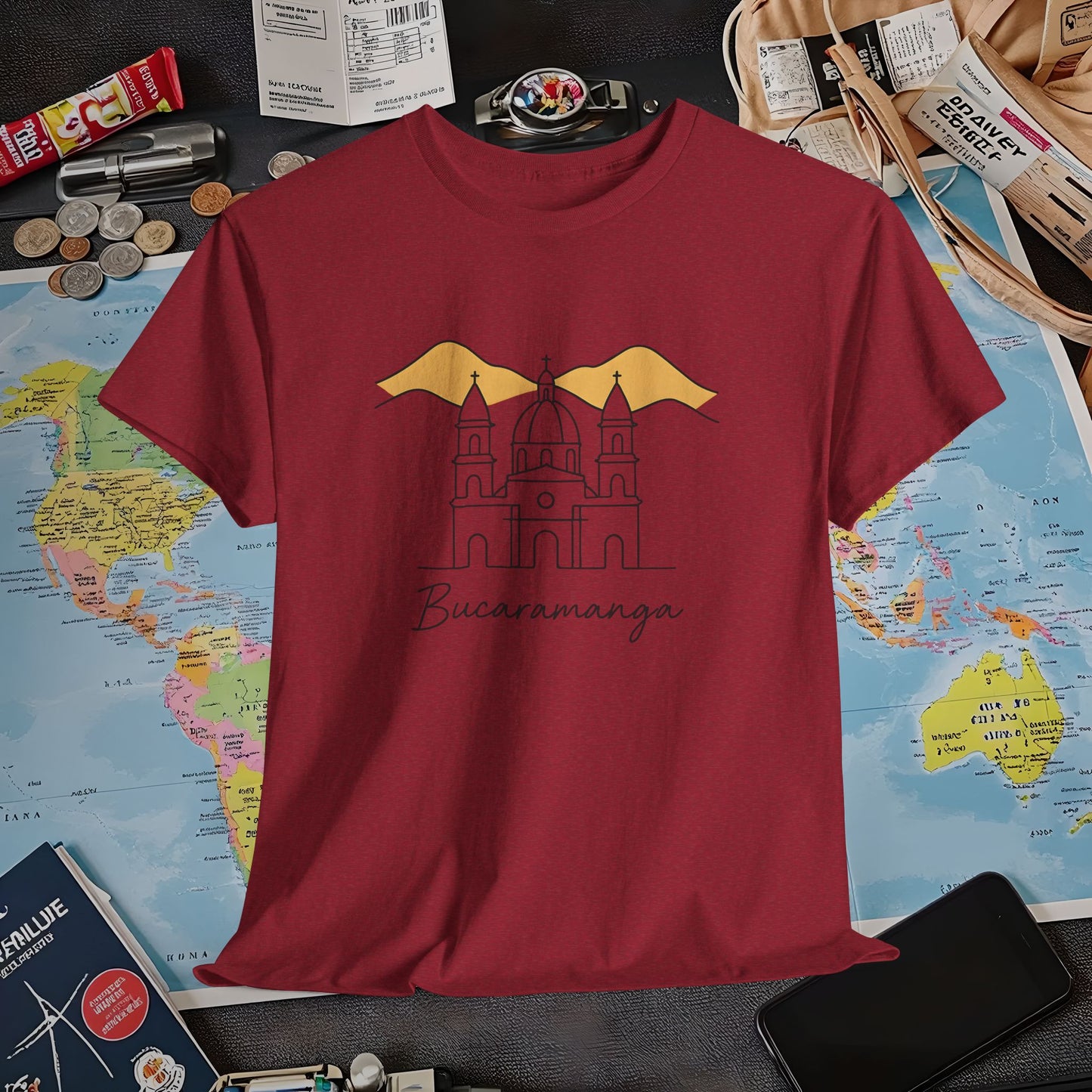 Bucaramanga Cathedral with Andes Silhouette – Vintage Colombia Travel Tee | Layover Club Air Travel T-Shirts | Jetsetter, Airport, and International Flight Tees