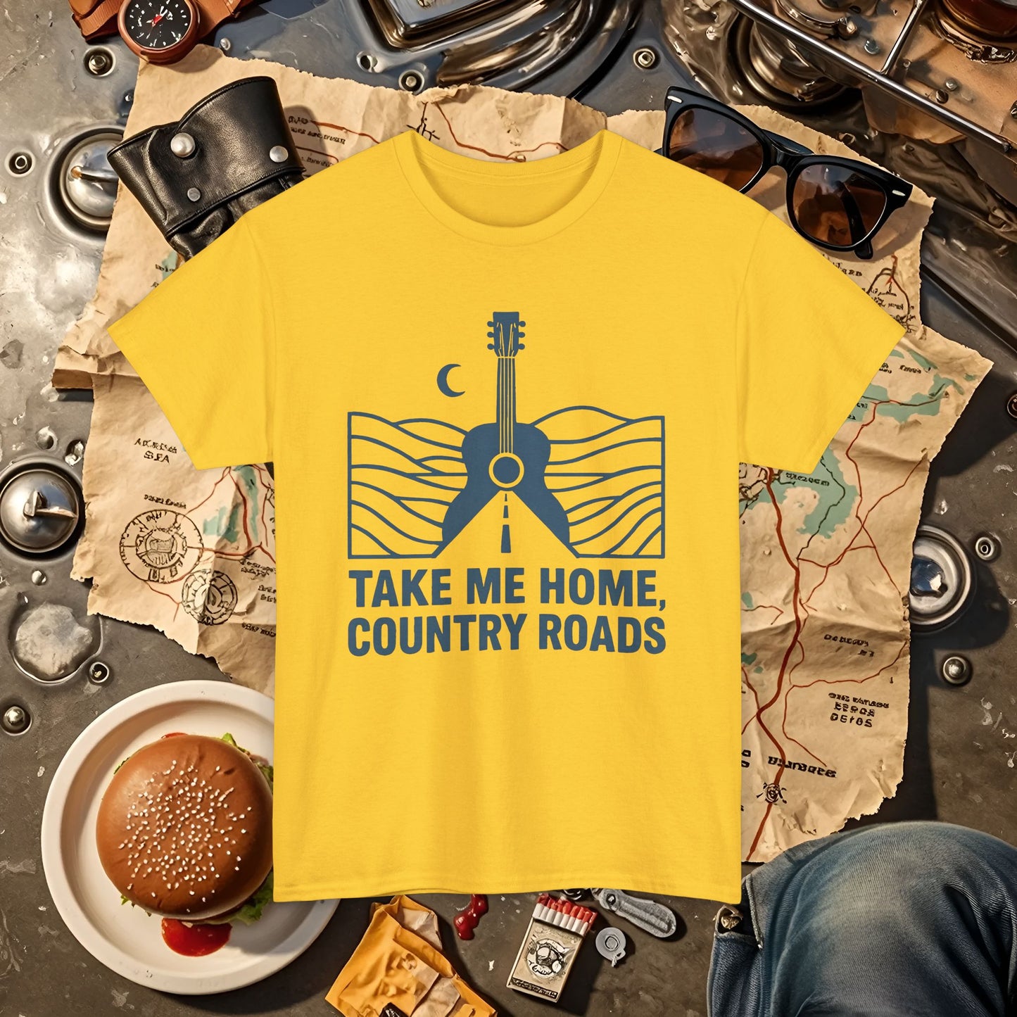 Take Me Home, Country Roads T-Shirt – Guitar Horizon & Open Highway Design Road Trip & Vehicle Travel T-Shirts | Car, RV, and Motorcycle Adventure Tees