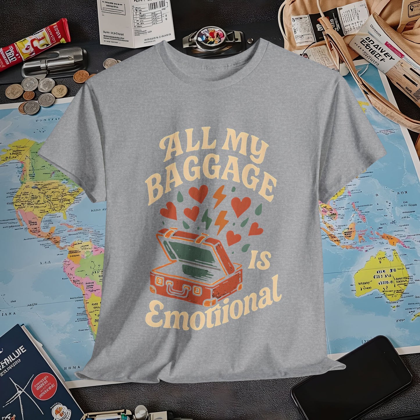 All My Baggage Is Emotional – Retro Suitcase Overflowing with Feelings Tee Air Travel T-Shirts | Jetsetter, Airport, and International Flight Tees