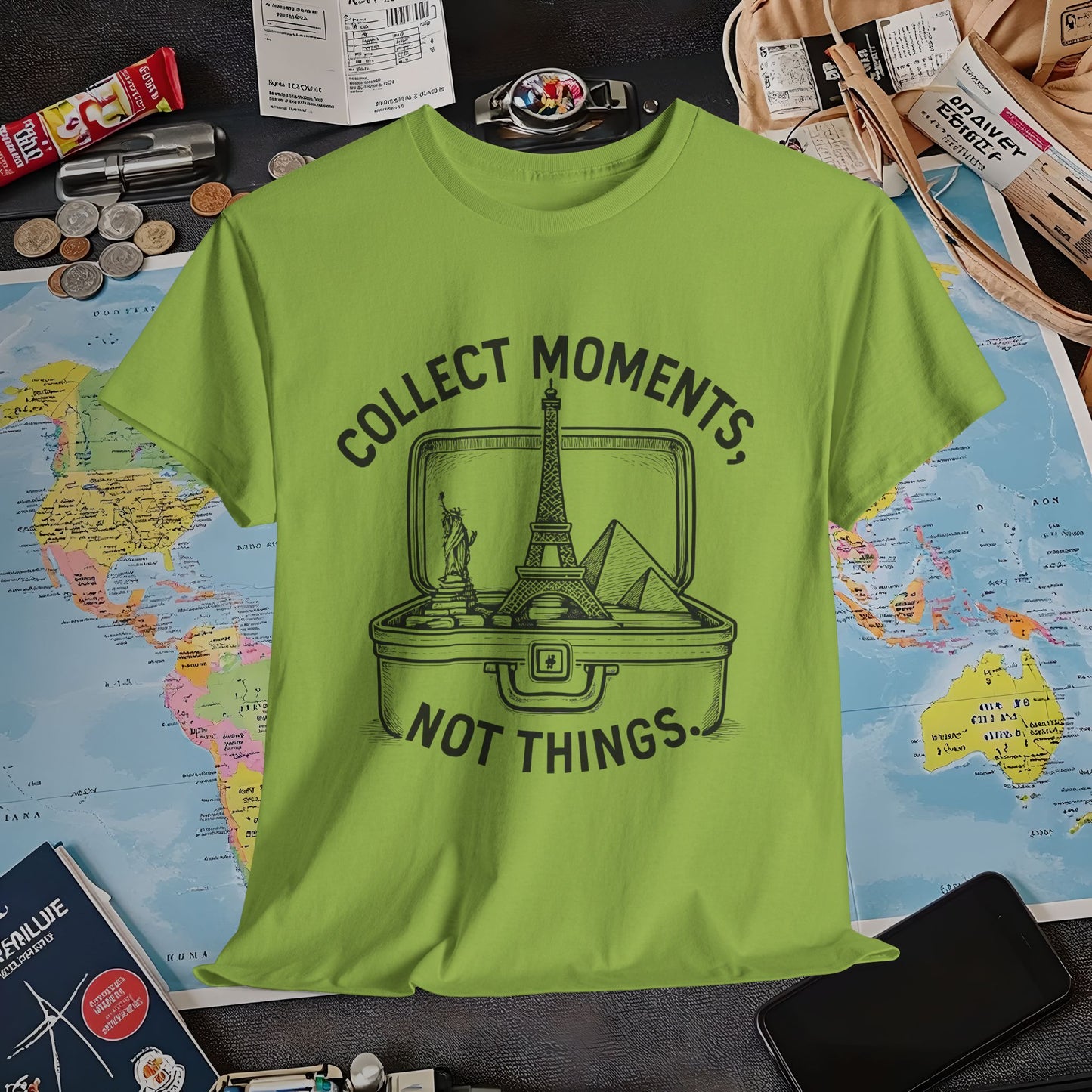 Collect Moments, Not Things T-Shirt – Inspirational Travel Quote Design Air Travel T-Shirts | Jetsetter, Airport, and International Flight Tees