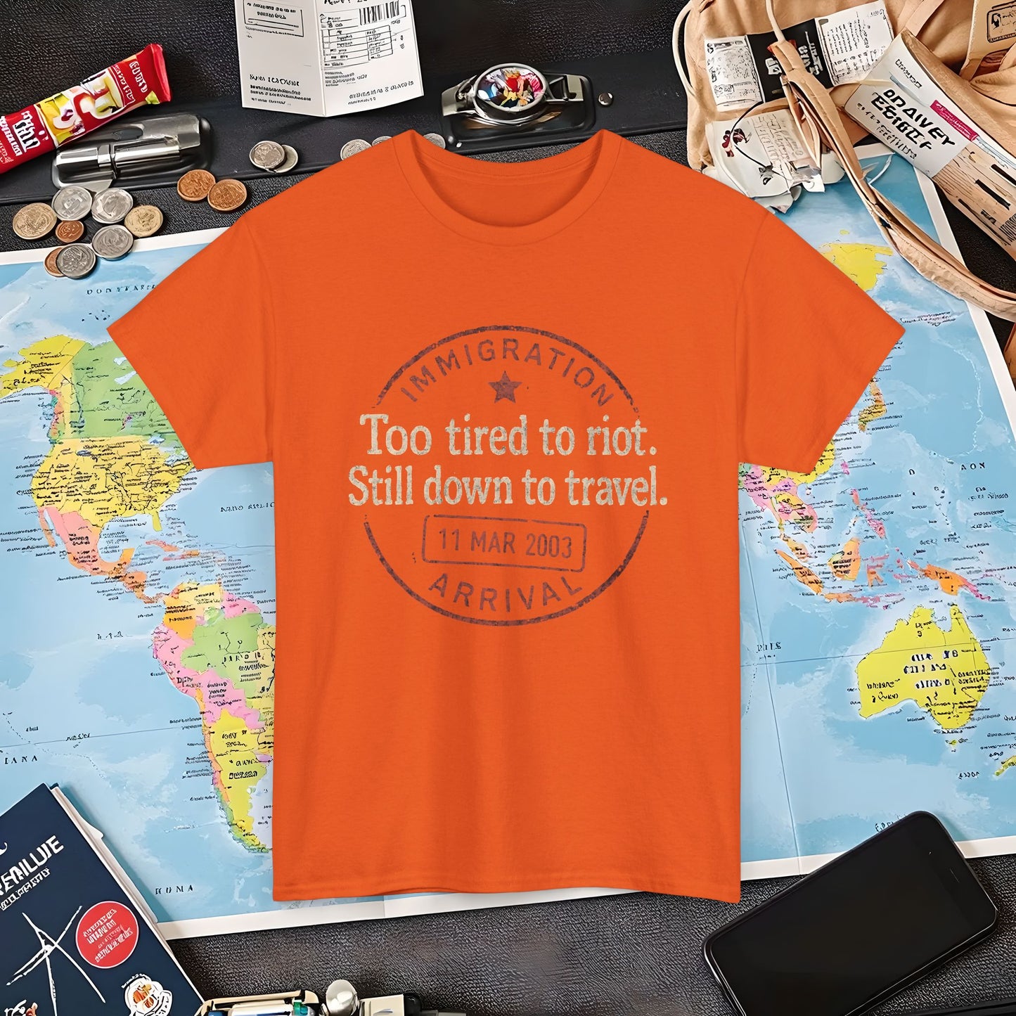 Too Tired to Riot, Still Down to Travel – Vintage Passport Stamp Travel Quote Tee Air Travel T-Shirts | Jetsetter, Airport, and International Flight Tees