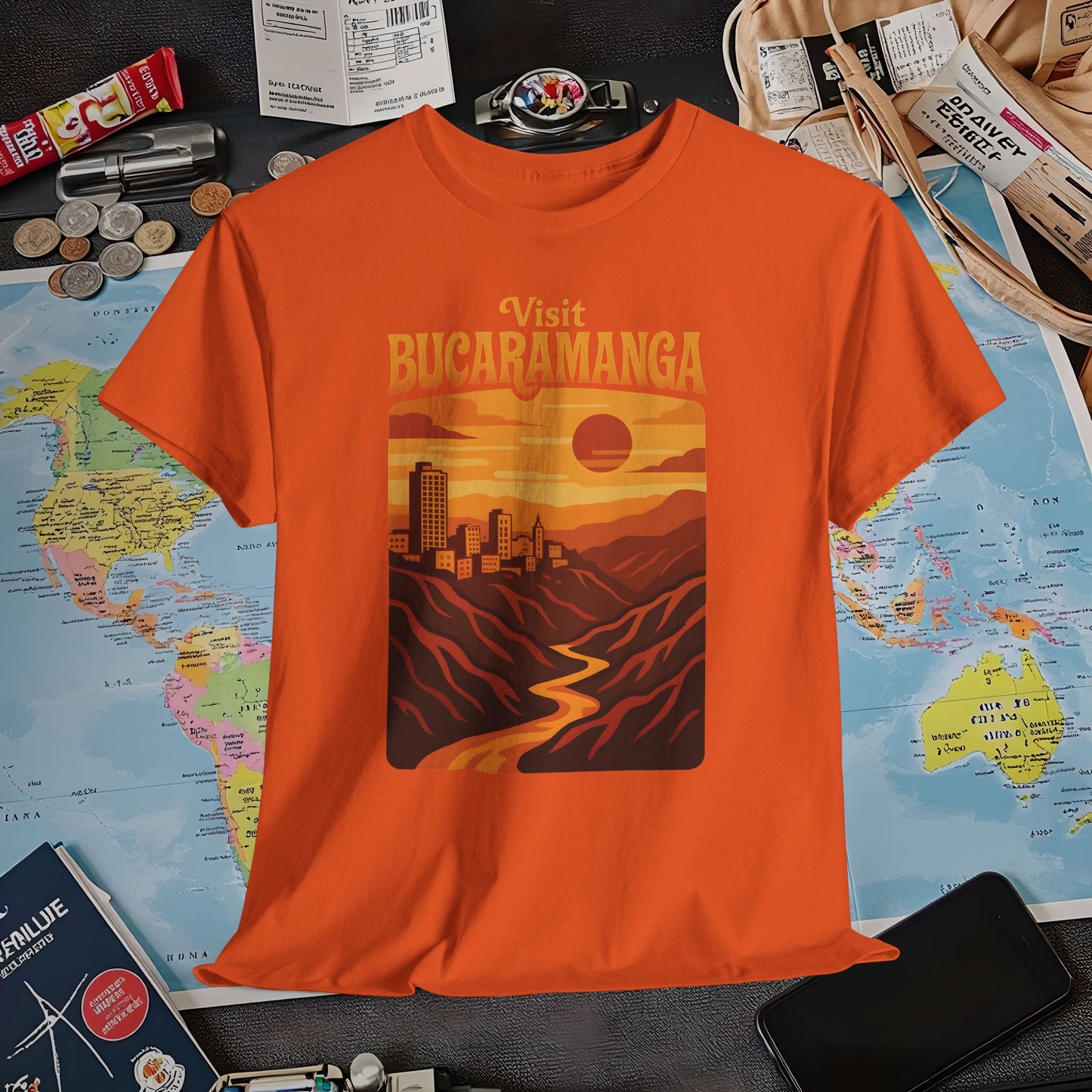Retro Bucaramanga Skyline & Chicamocha Canyon Sunset – Vintage Colombia Travel Tee | Layover Club Air Travel T-Shirts | Jetsetter, Airport, and International Flight Tees