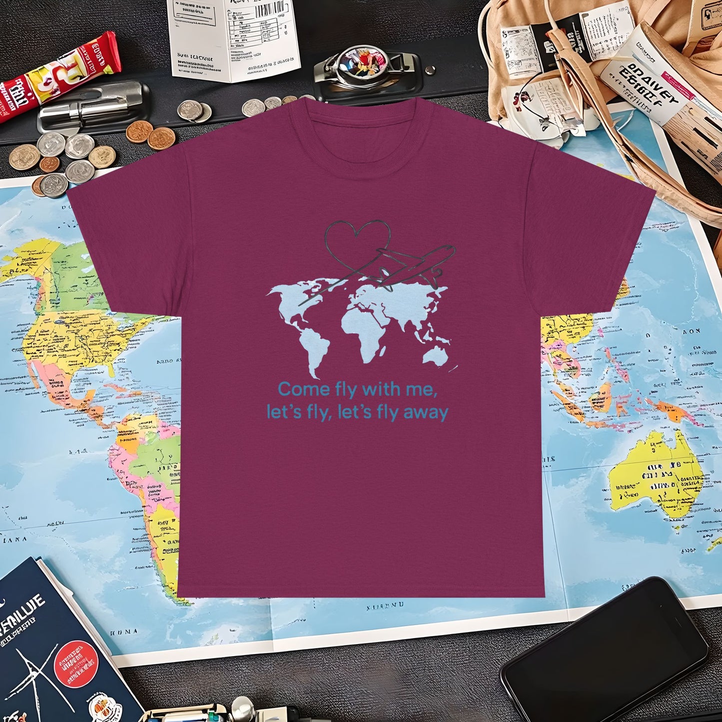 Come Fly With Me T-Shirt – Heart-Loop Airplane Over World Map Design Air Travel T-Shirts | Jetsetter, Airport, and International Flight Tees