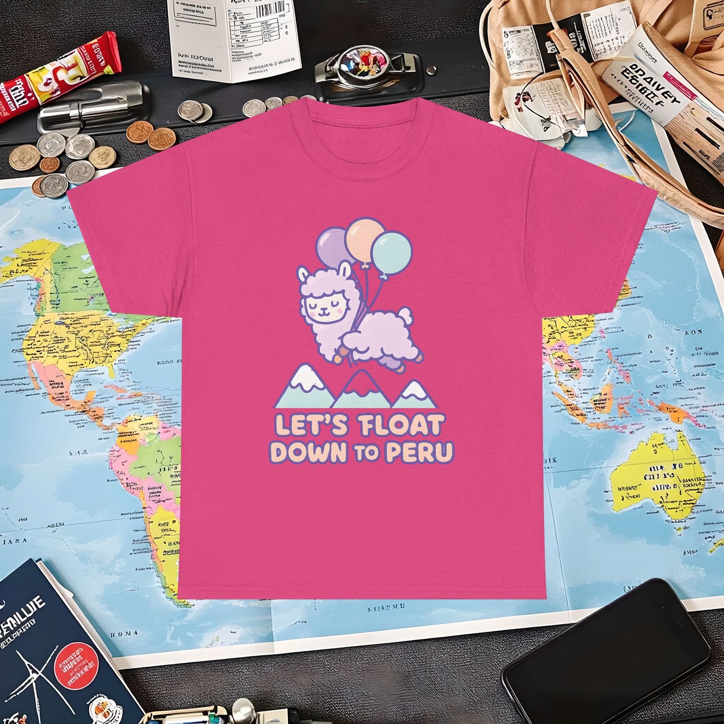 Let’s Float Down to Peru T-Shirt – Kawaii Alpaca Over Snowy Mountain Peaks Air Travel T-Shirts | Jetsetter, Airport, and International Flight Tees