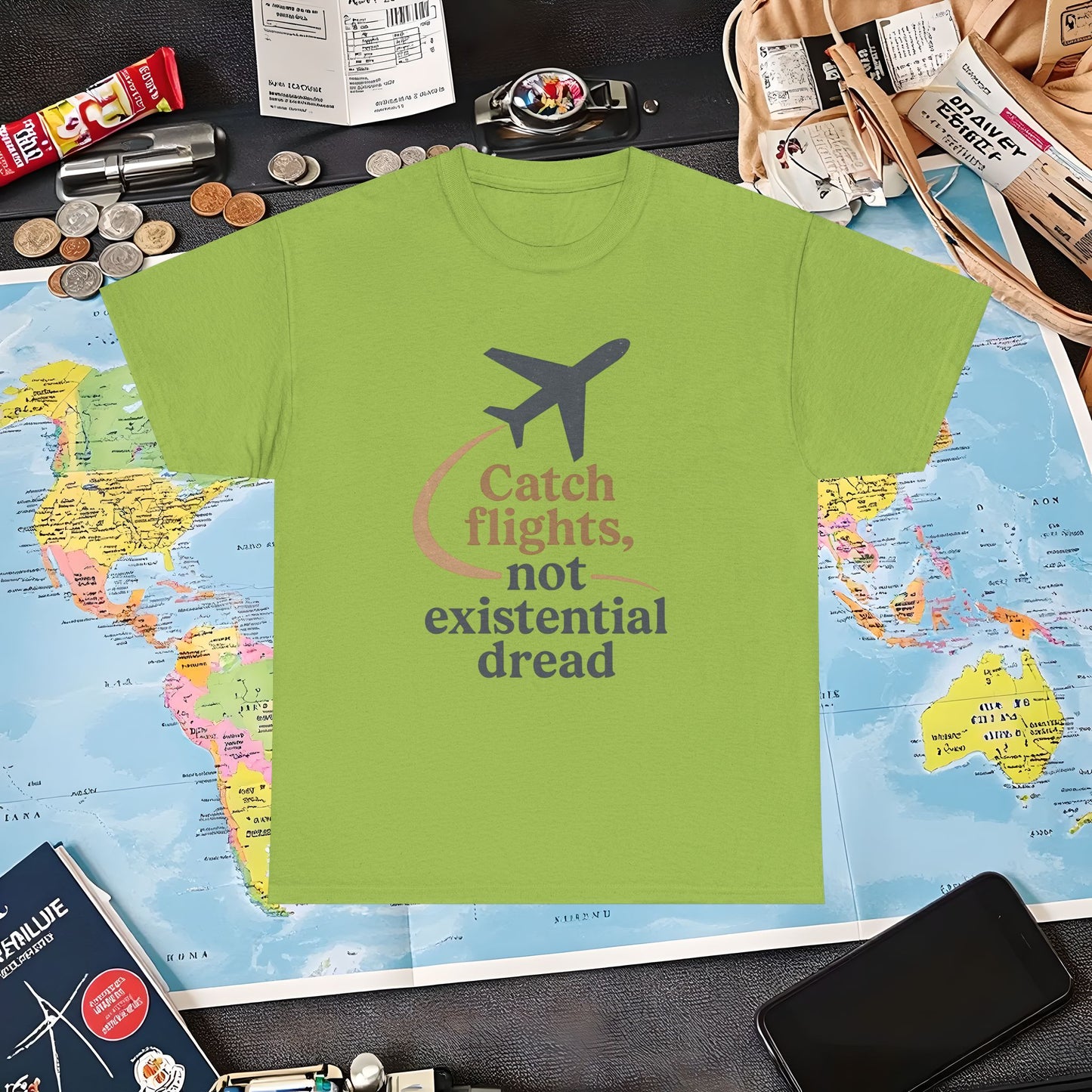 Catch Flights Not Existential Dread Tee – Minimalist Airplane Silhouette Quote Shirt Air Travel T-Shirts | Jetsetter, Airport, and International Flight Tees