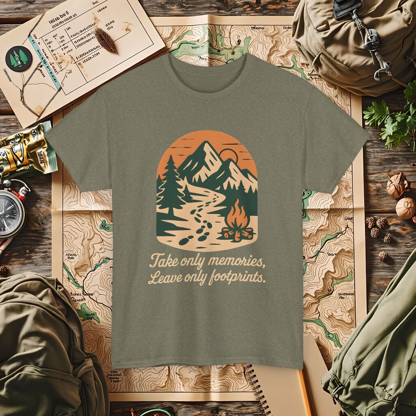Take Only Memories, Leave Only Footprints — Sunset Mountain Trail Adventure Badge T-Shirt | Camping, Hiking, Rafting & Kayaking Tees for Nature Lovers