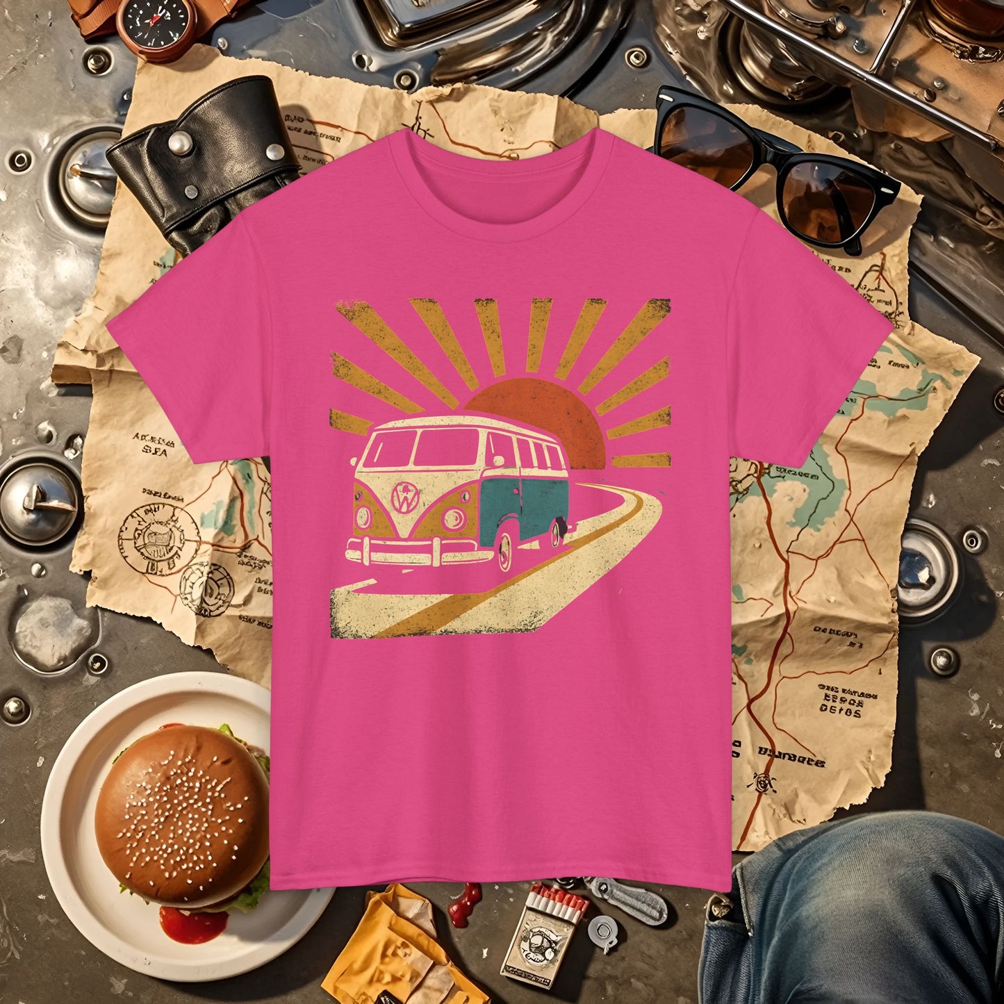 Sunset Road Trip T-Shirt – Vintage VW Van Adventure Design