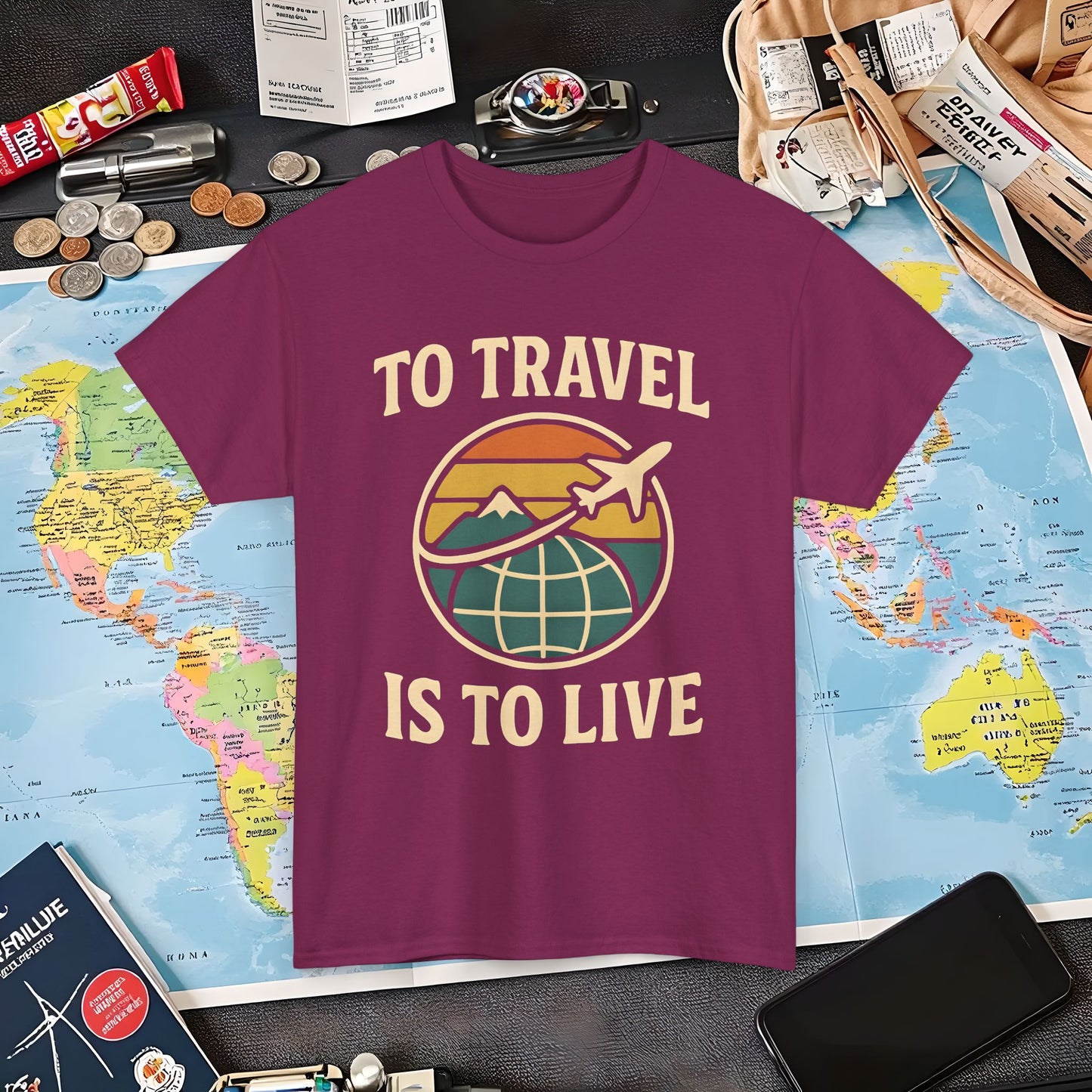 To Travel Is To Live – Vintage Globe & Airplane Travel Badge Tee (Layover Club) Air Travel T-Shirts | Jetsetter, Airport, and International Flight Tees