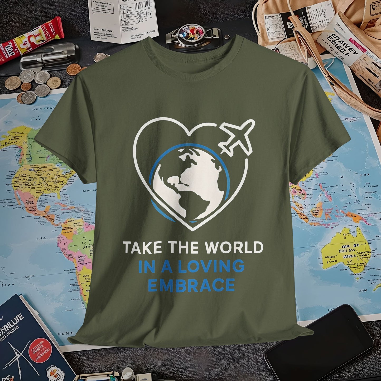 Take the World in a Loving Embrace T-Shirt – Heart in Flight Over Globe Design Air Travel T-Shirts | Jetsetter, Airport, and International Flight Tees