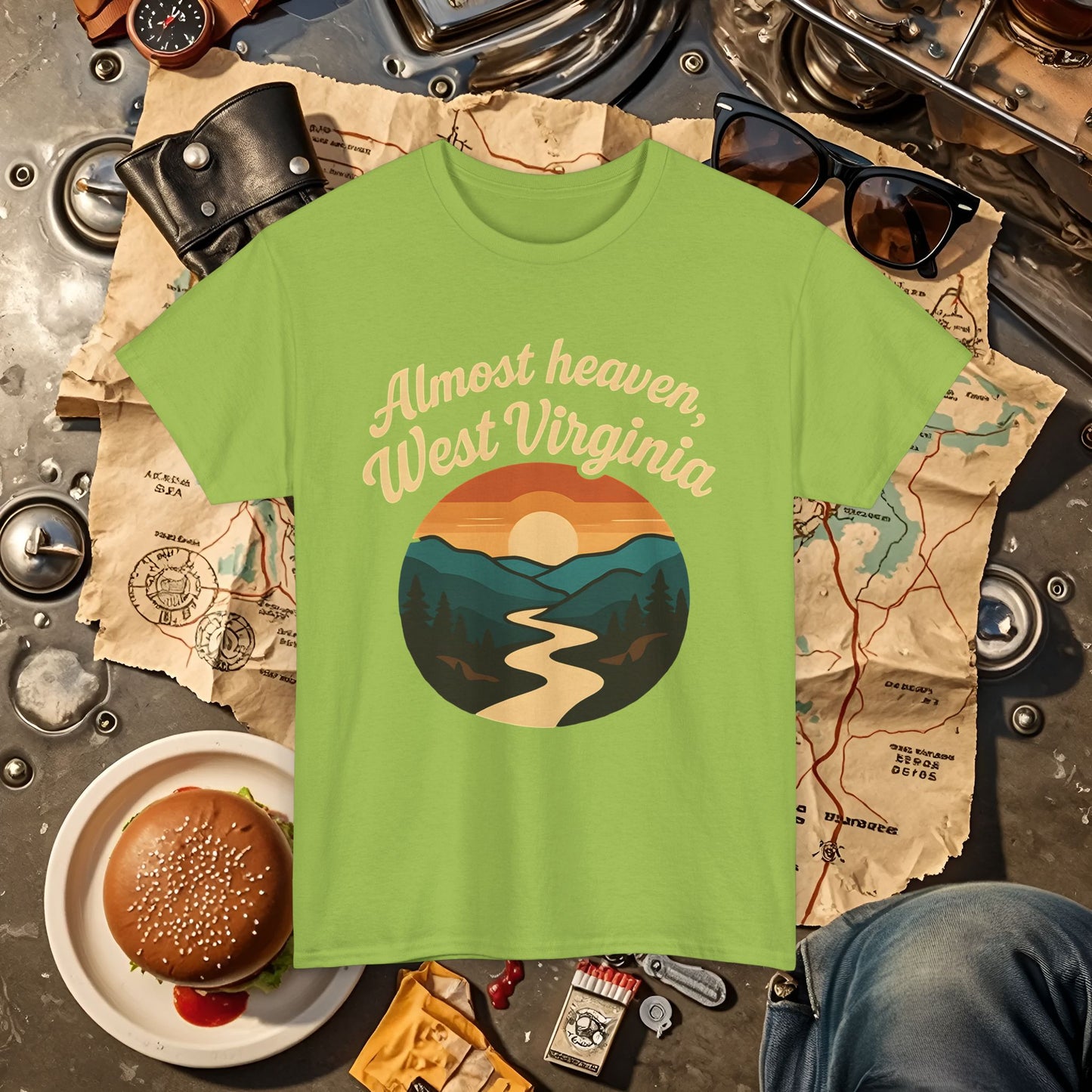 Almost Heaven, West Virginia T-Shirt – Vintage Appalachian Sunset with Winding River Road Trip & Vehicle Travel T-Shirts | Car, RV, and Motorcycle Adventure Tees