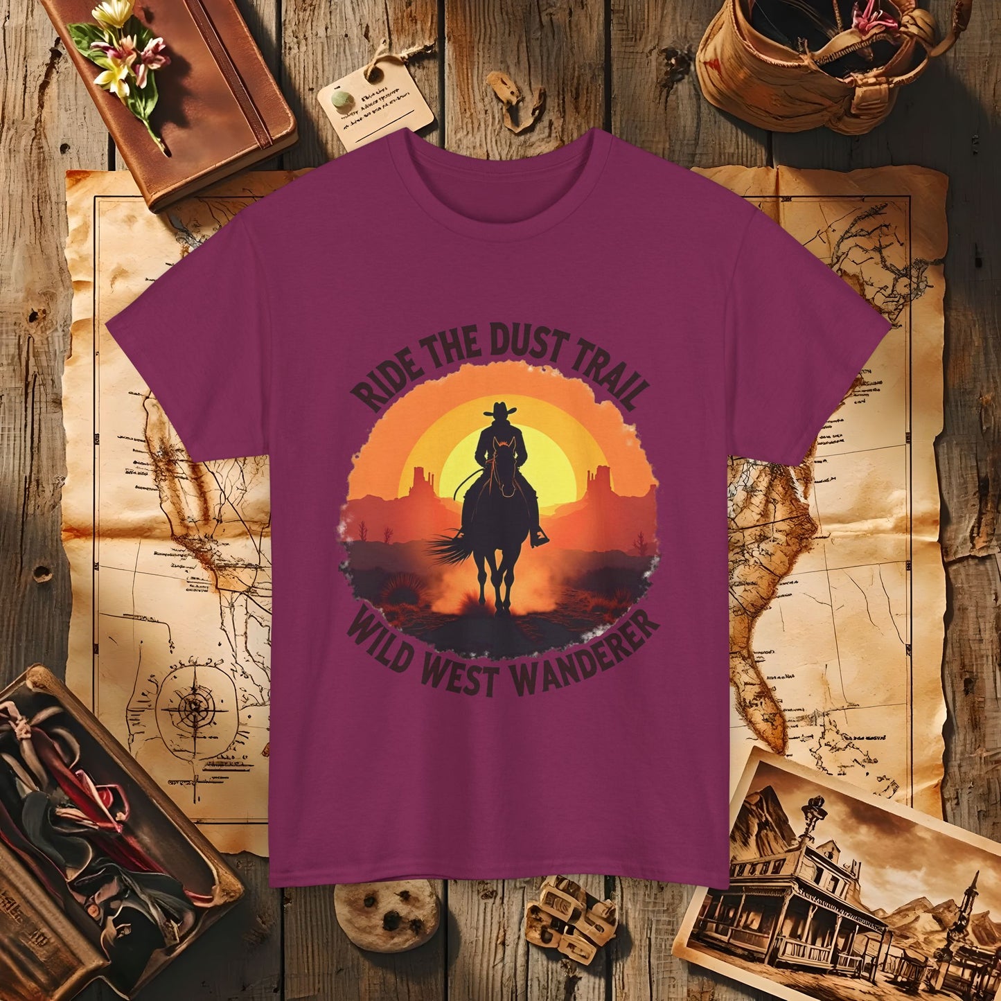 Ride the Dust Trail, Wild West Wanderer Western Travel T-Shirts | Desert, Ghost Town, and Cowboy-Inspired Adventure Tees