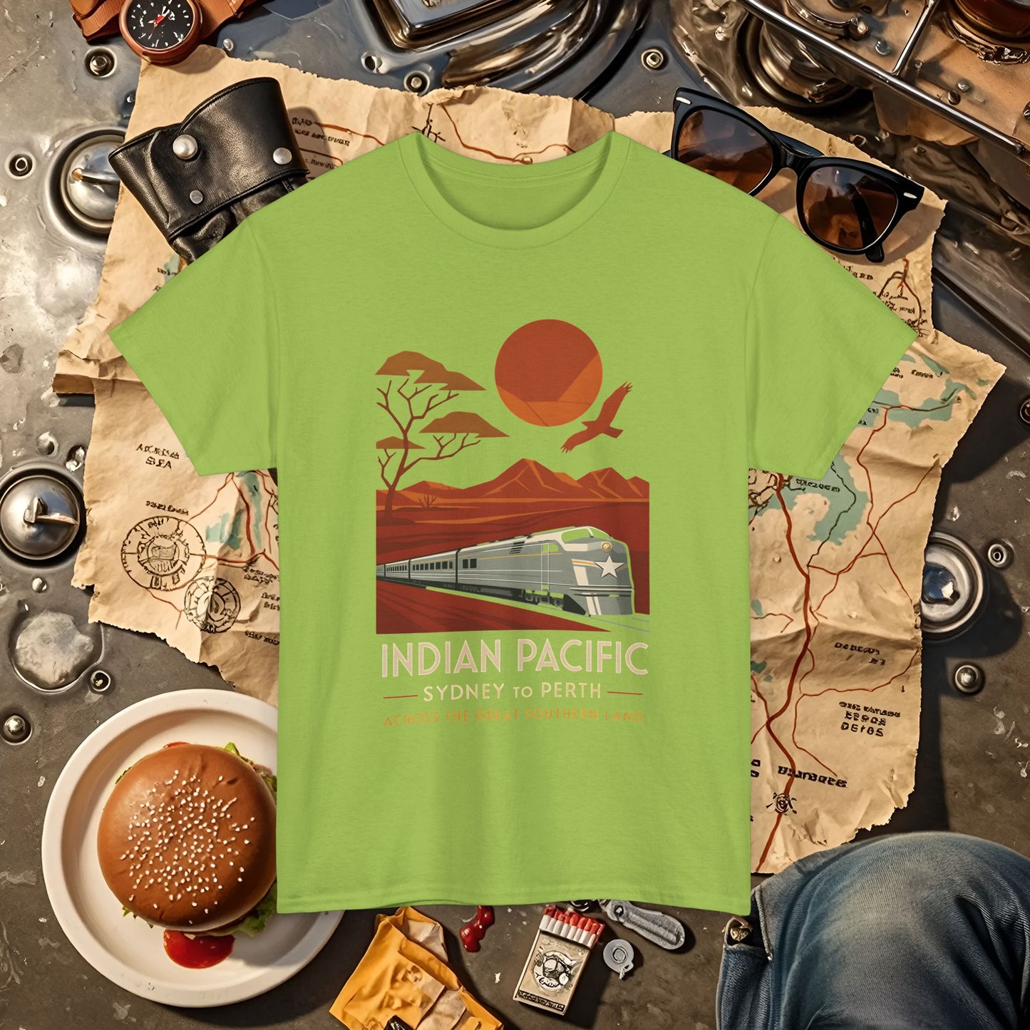 Australian Indian Pacific – Art Deco Desert Crossing Train Tee Road Trip & Vehicle Travel T-Shirts | Car, RV, and Motorcycle Adventure Tees