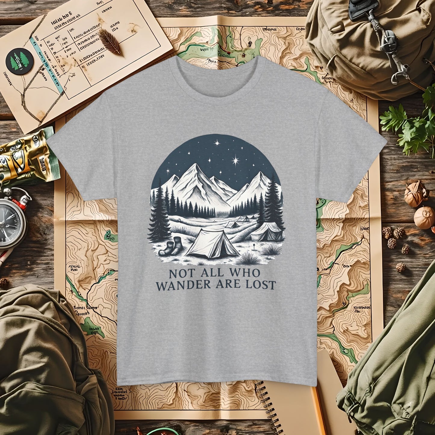 Not All Who Wander Are Lost T-Shirt – Mountain Camping Under Starry Night Camping, Hiking, Rafting & Kayaking Tees for Nature Lovers