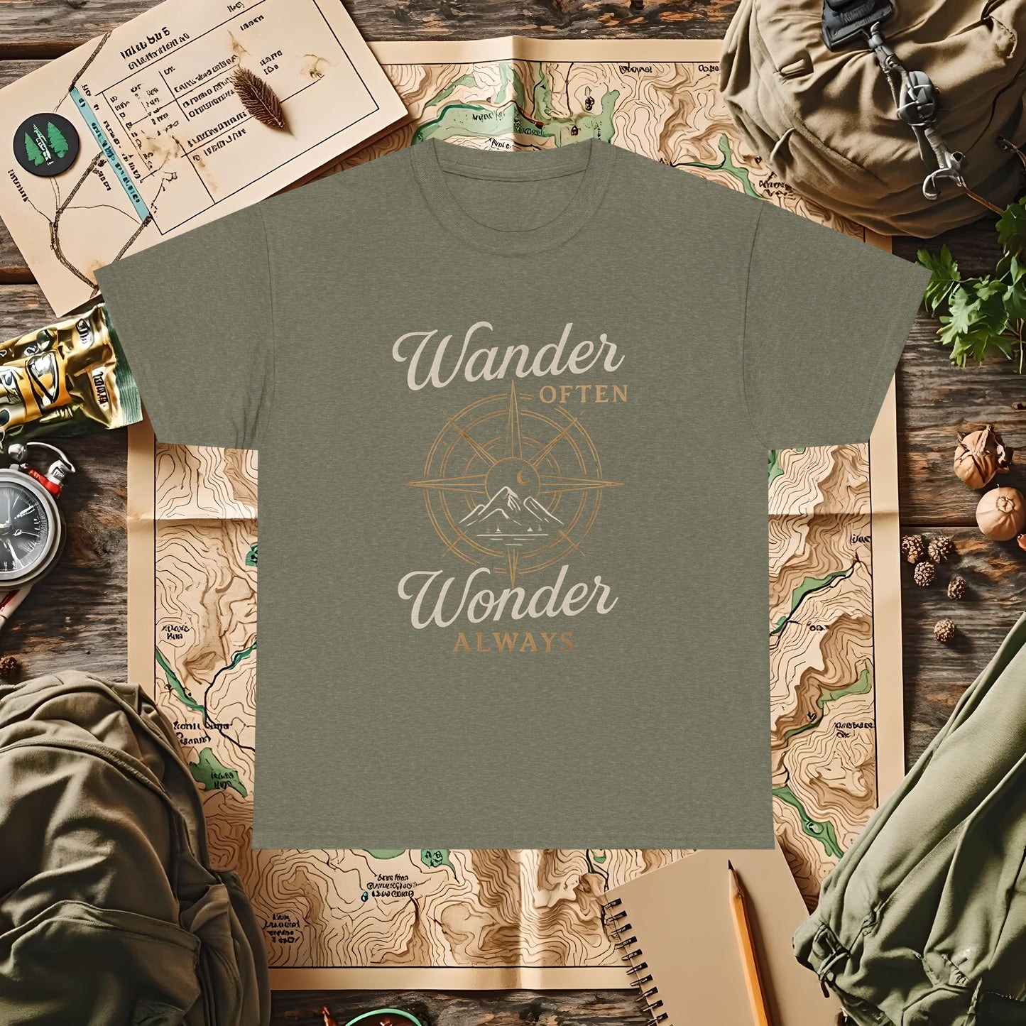 Wander Often, Wonder Always – Compass Quote Travel Tee | Camping, Hiking, Rafting & Kayaking Tees for Nature Lovers