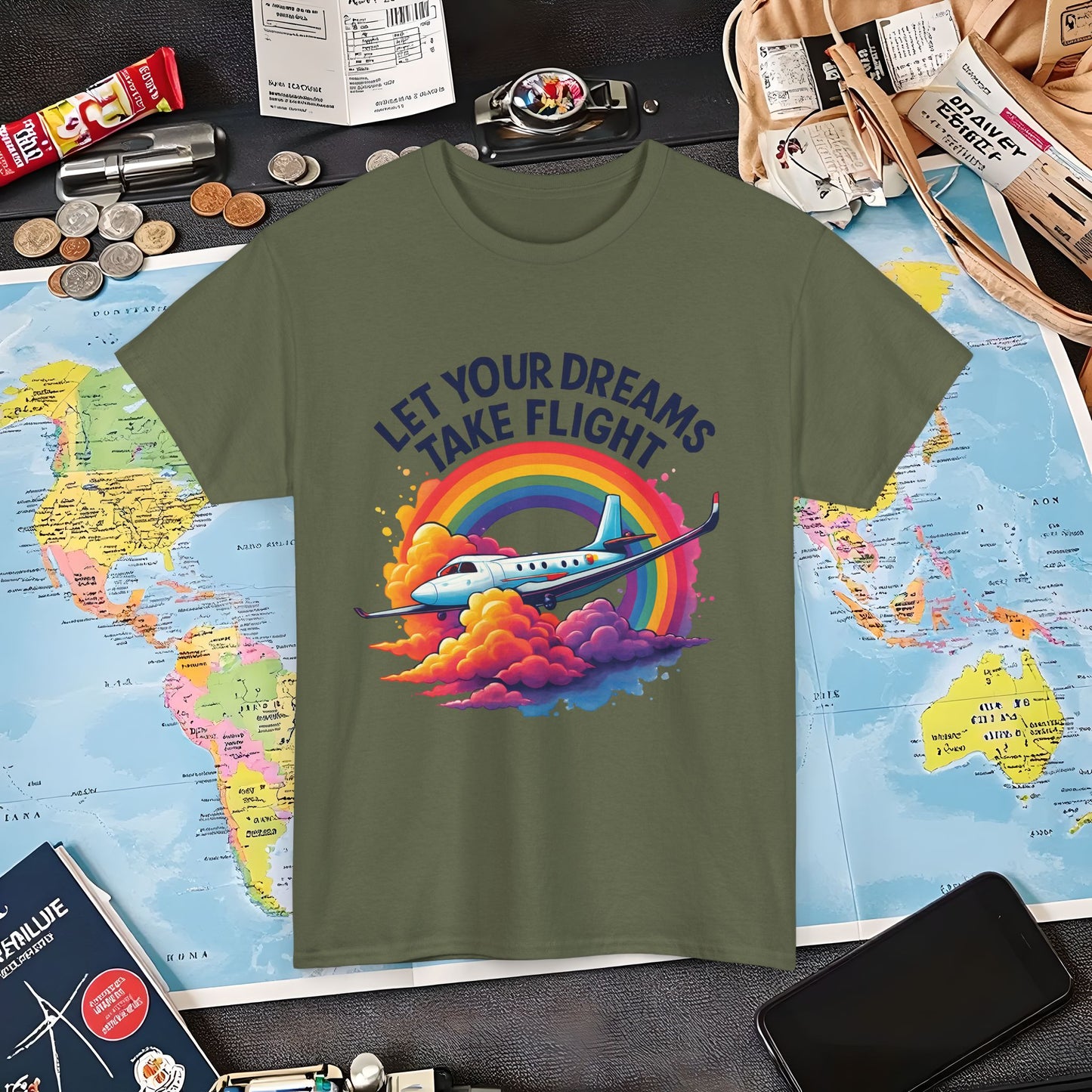 Let Your Dreams Take Flight T-Shirt – Airplane with Rainbow Trail Design Air Travel T-Shirts | Jetsetter, Airport, and International Flight Tees