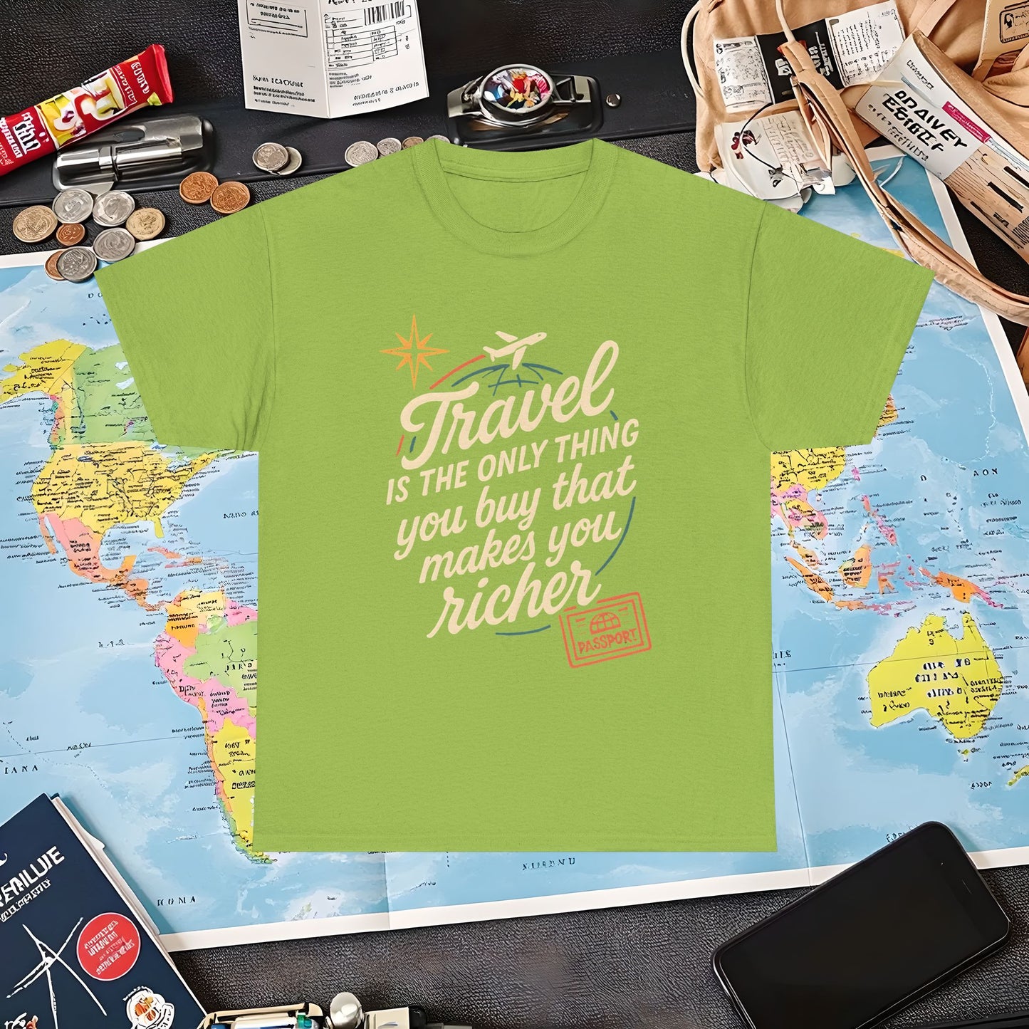 Travel Makes You Richer Tee – Vintage Globe & Airplane Quote Shirt Air Travel T-Shirts | Jetsetter, Airport, and International Flight Tees