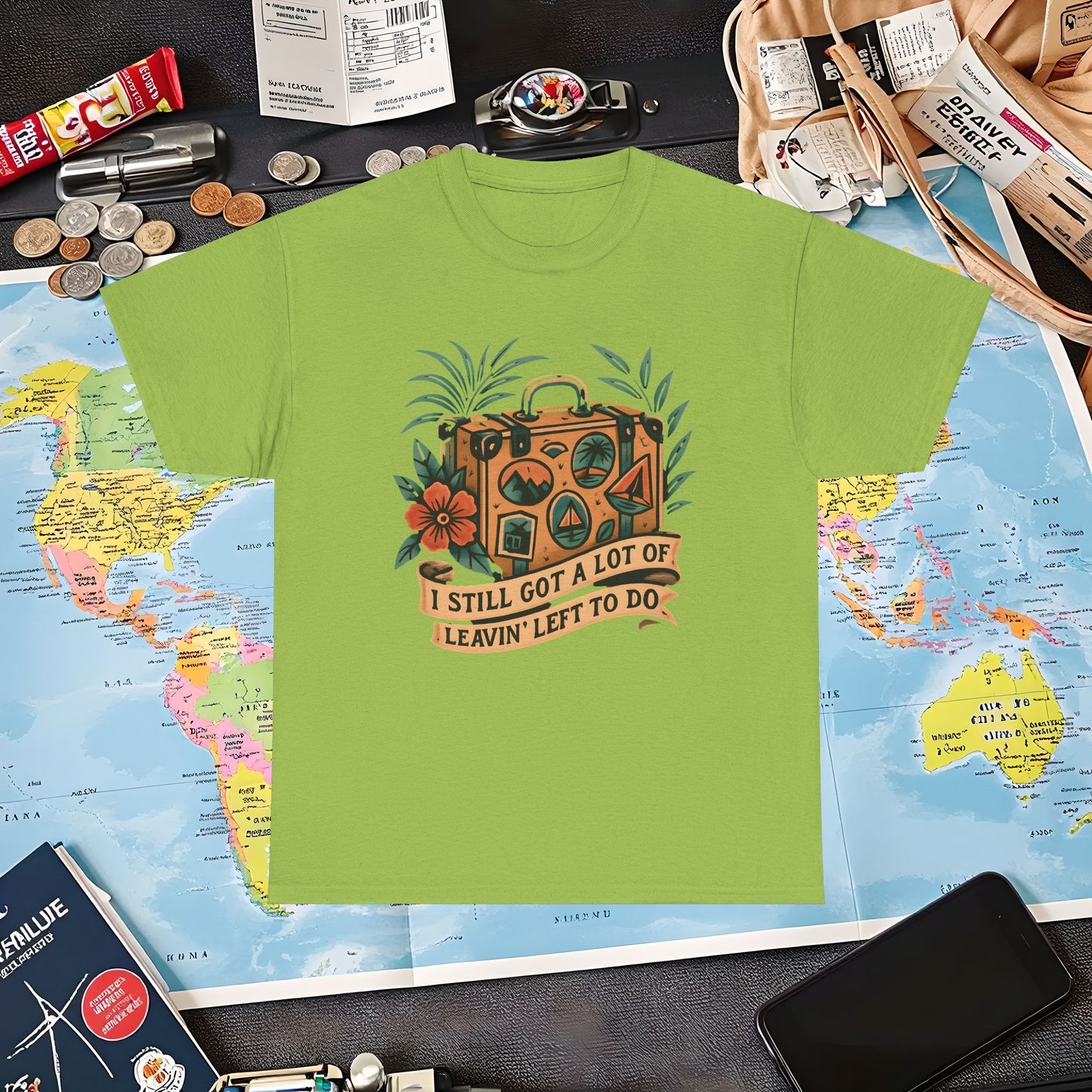 I Still Got a Lot of Leavin’ Left to Do T-Shirt – Vintage Suitcase with Tropical Travel Vibes