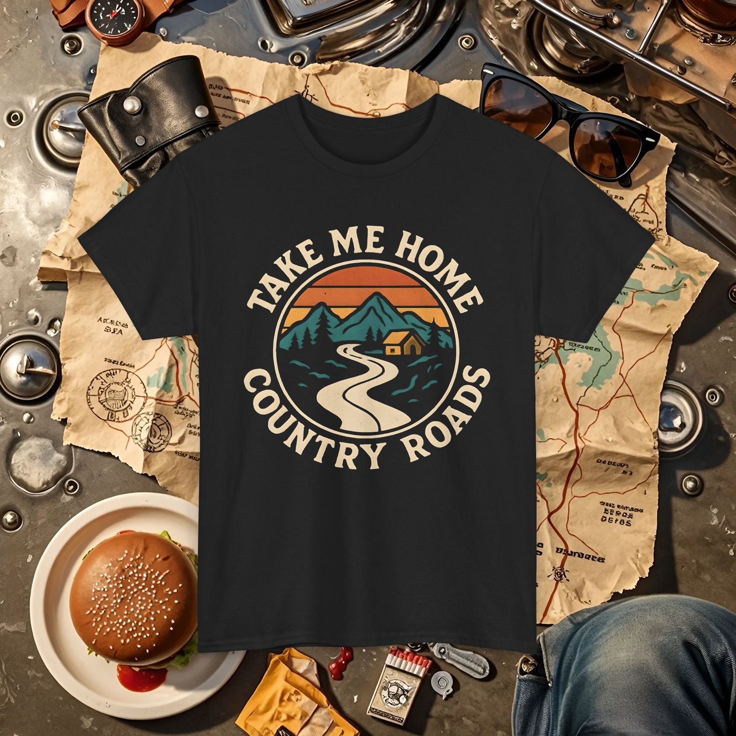 Take Me Home Country Roads T-Shirt – Retro Mountain Road to Cozy Cabin Design Road Trip & Vehicle Travel T-Shirts | Car, RV, and Motorcycle Adventure Tees