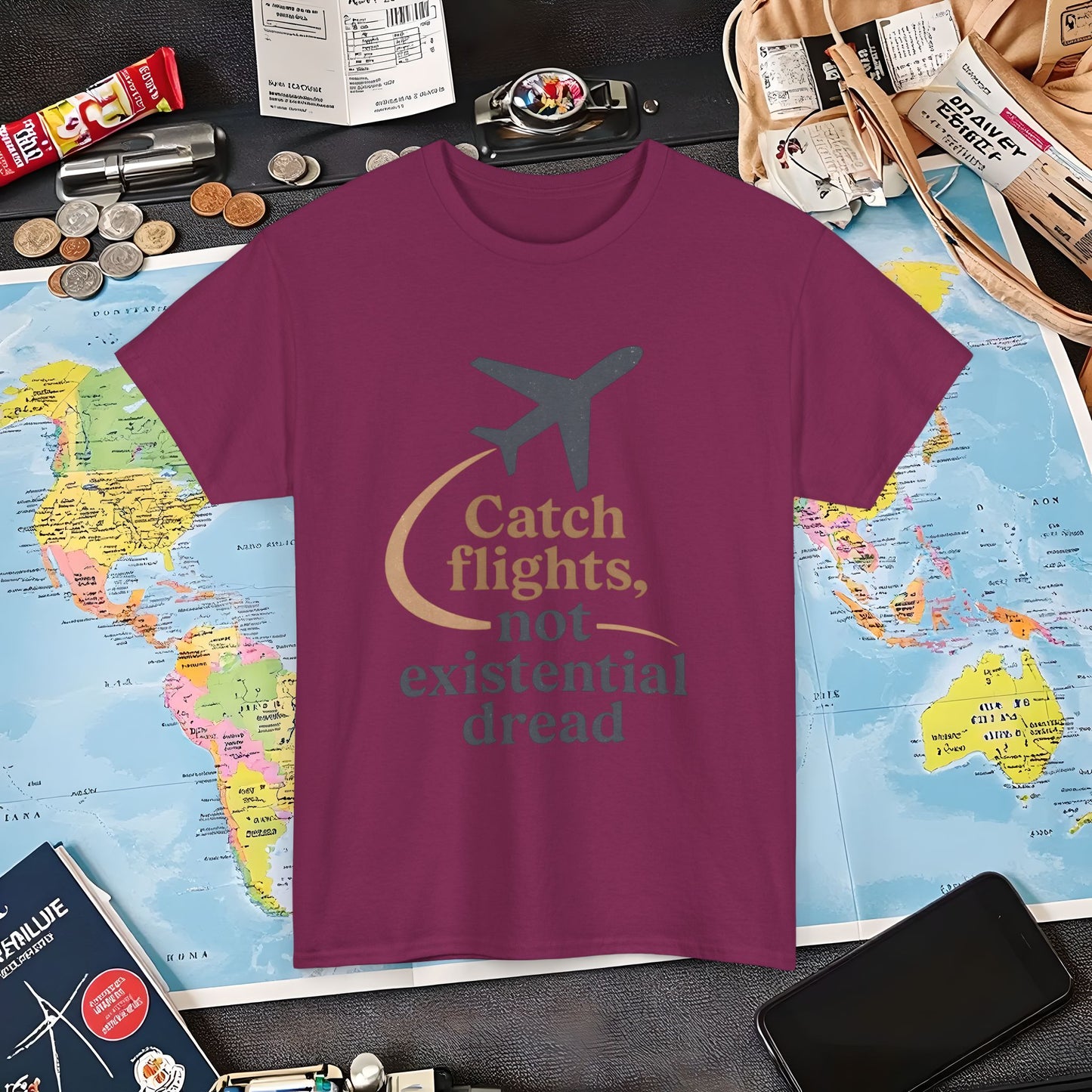 Catch Flights Not Existential Dread Tee – Minimalist Airplane Silhouette Quote Shirt Air Travel T-Shirts | Jetsetter, Airport, and International Flight Tees