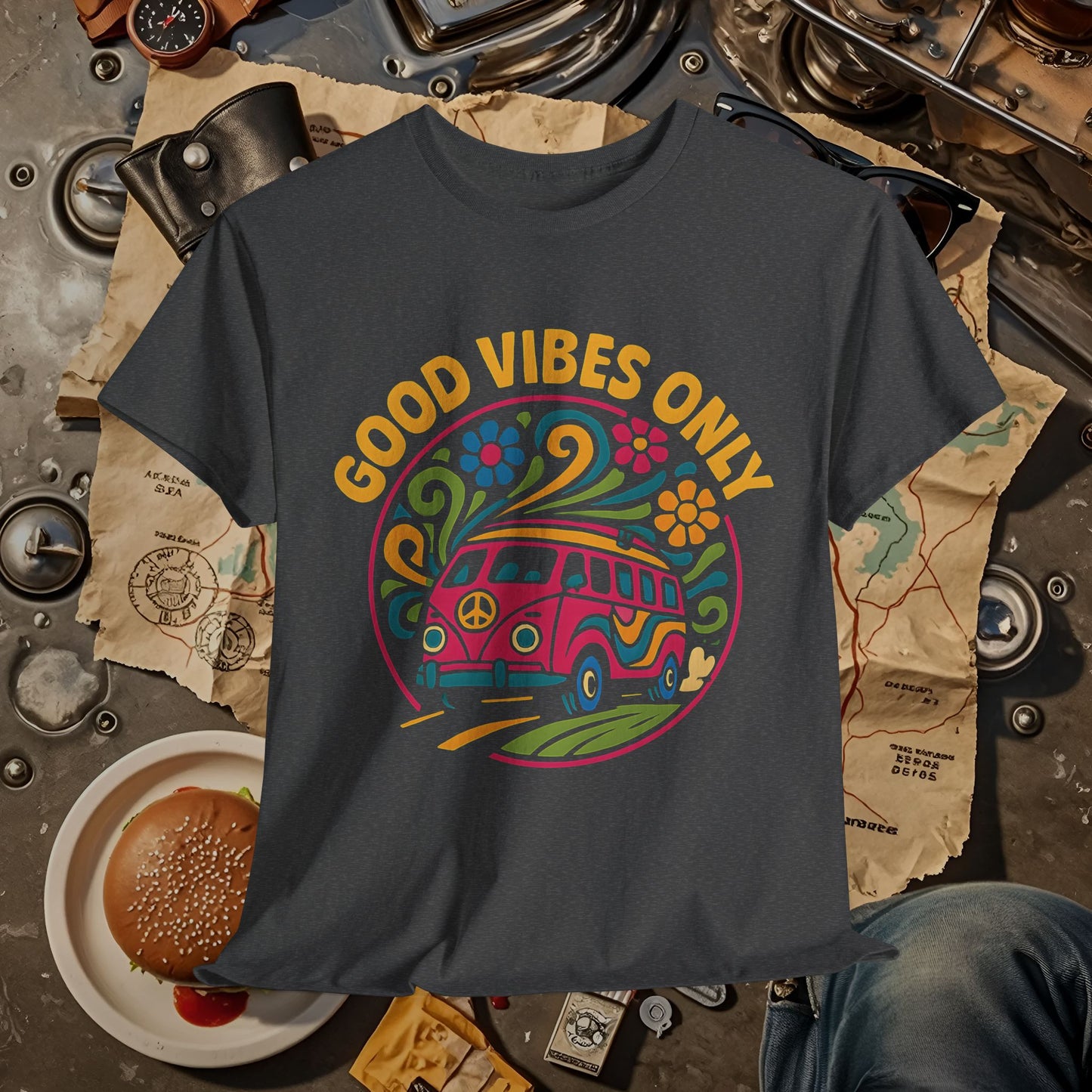 Good Vibes Only T-Shirt – Retro Hippie Van with 70s-Inspired Positivity Road Trip & Vehicle Travel T-Shirts | Car, RV, and Motorcycle Adventure Tees