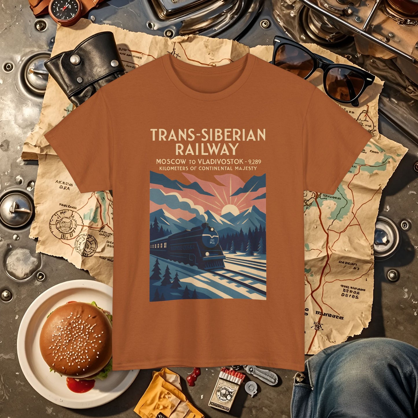 Trans-Siberian Twilight – Art Deco Russian Train Journey Tee Road Trip & Vehicle Travel T-Shirts | Car, RV, and Motorcycle Adventure Tees