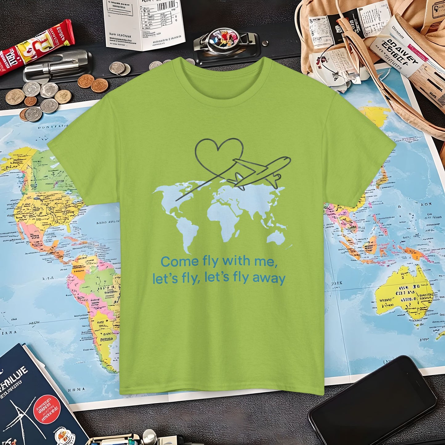 Come Fly With Me T-Shirt – Heart-Loop Airplane Over World Map Design Air Travel T-Shirts | Jetsetter, Airport, and International Flight Tees