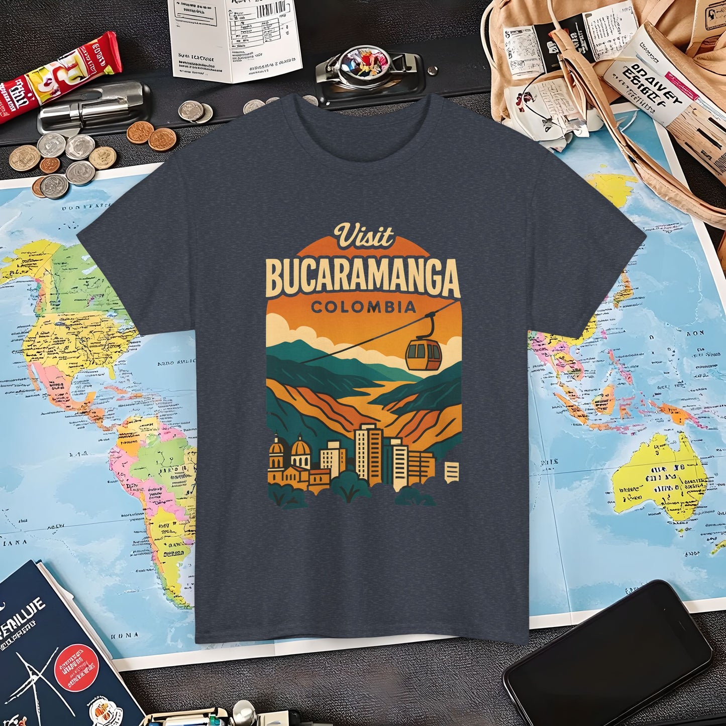 Retro Bucaramanga Skyline with Chicamocha Canyon – Vintage Colombia Travel Tee | Layover Club Air Travel T-Shirts | Jetsetter, Airport, and International Flight Tees