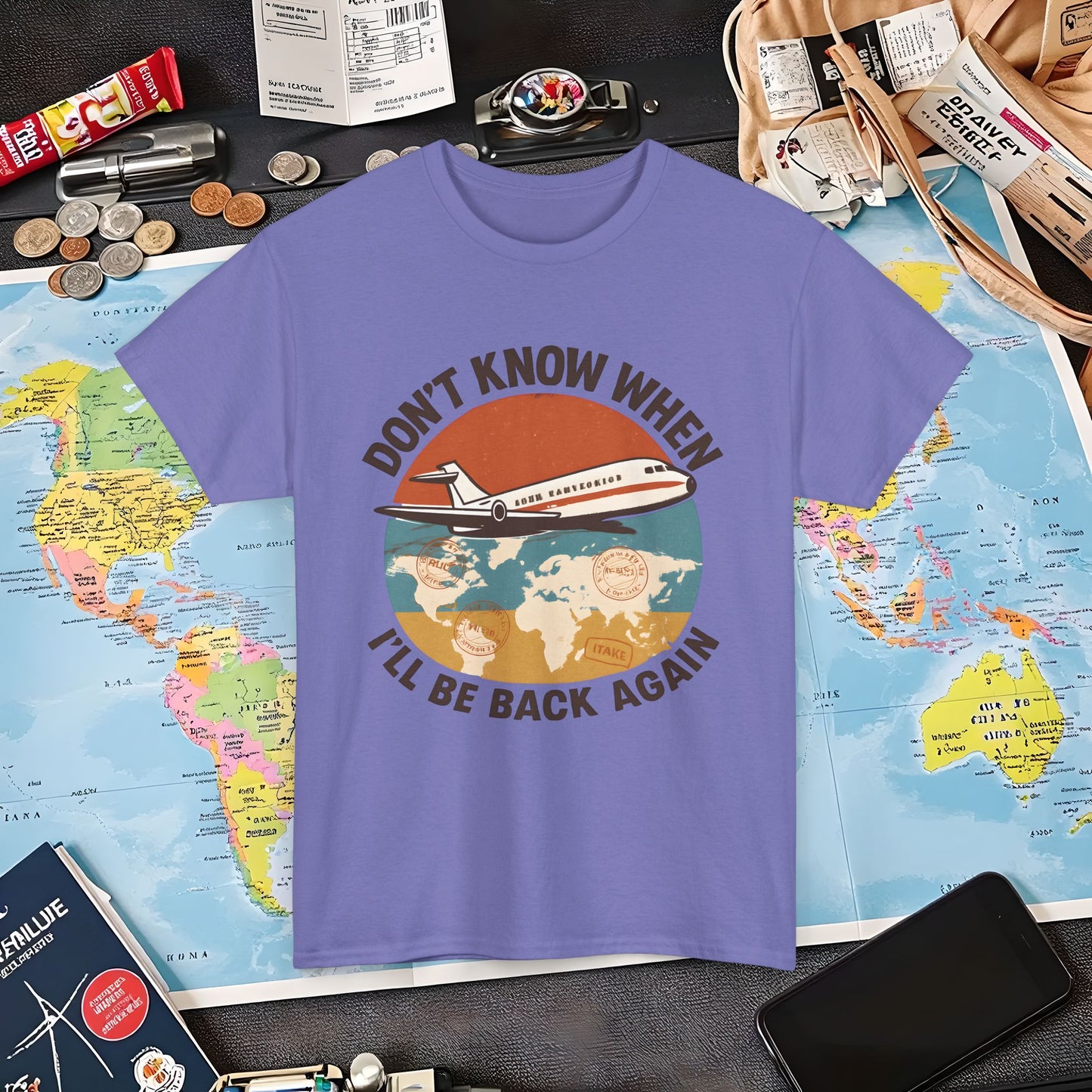 Don’t Know When I’ll Be Back Again T-Shirt – Retro ’70s Jet & Vintage Map Travel Design Air Travel T-Shirts | Jetsetter, Airport, and International Flight Tees