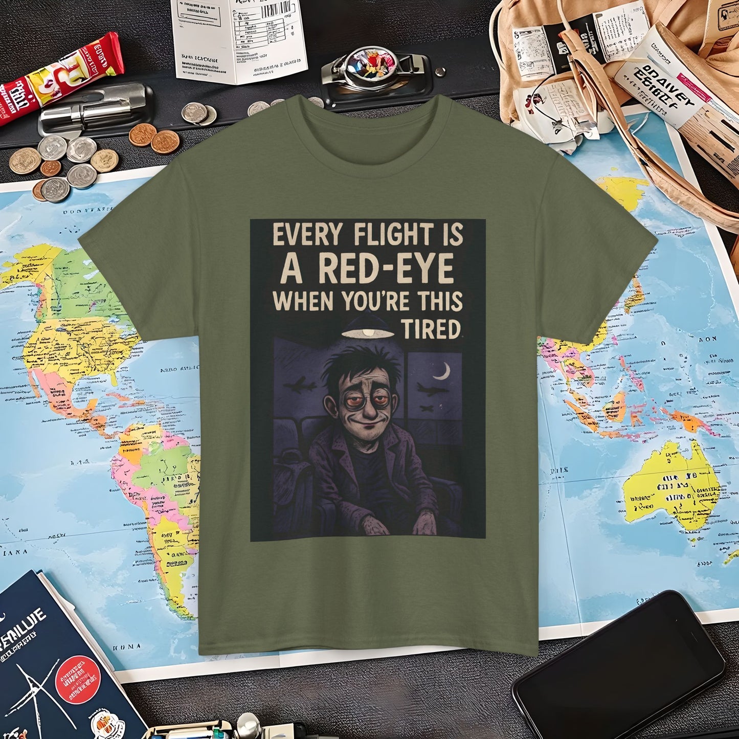 Every Flight Is a Red Eye Tee – Exhausted Traveler Comic Noir Shirt Air Travel T-Shirts | Jetsetter, Airport, and International Flight Tees