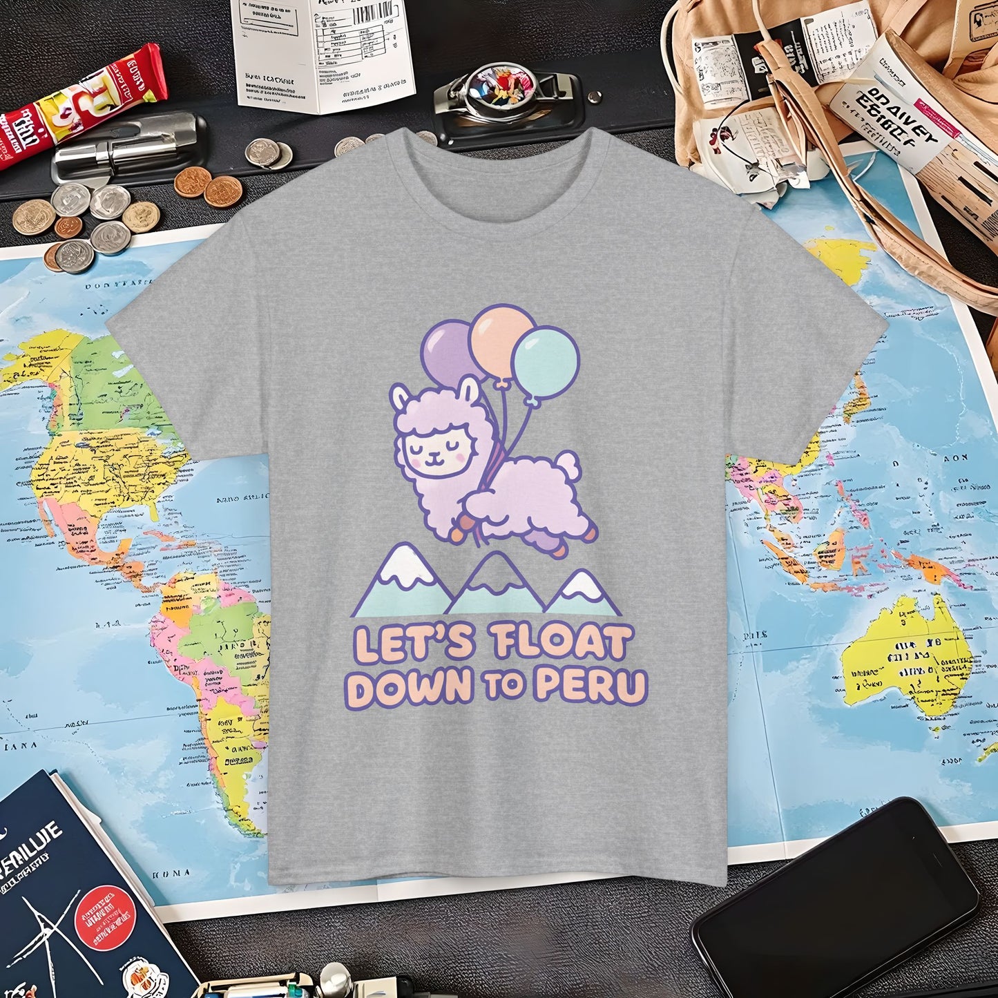 Let’s Float Down to Peru T-Shirt – Kawaii Alpaca Over Snowy Mountain Peaks Air Travel T-Shirts | Jetsetter, Airport, and International Flight Tees