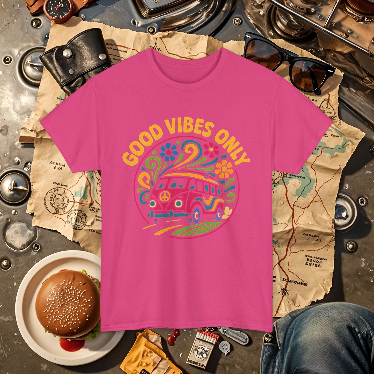Good Vibes Only T-Shirt – Retro Hippie Van with 70s-Inspired Positivity Road Trip & Vehicle Travel T-Shirts | Car, RV, and Motorcycle Adventure Tees