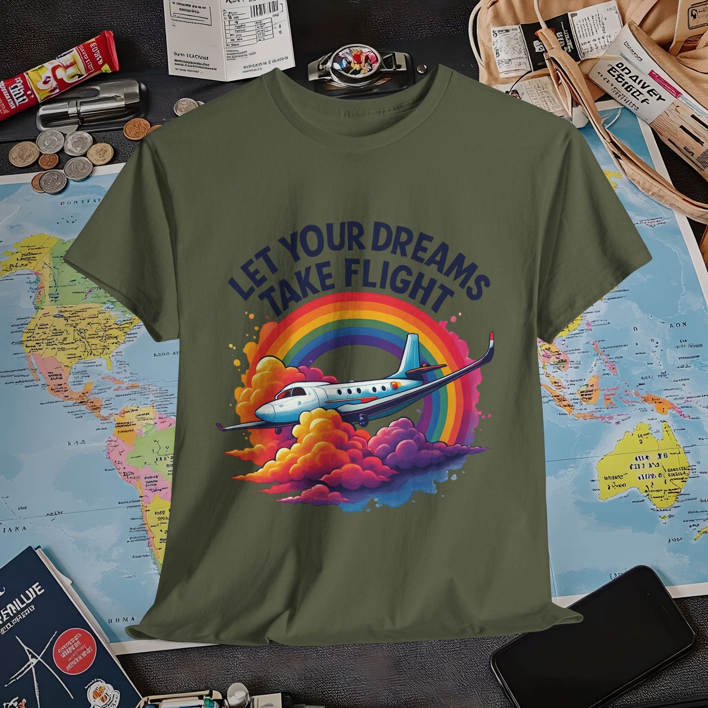 Let Your Dreams Take Flight T-Shirt – Airplane with Rainbow Trail Design Air Travel T-Shirts | Jetsetter, Airport, and International Flight Tees