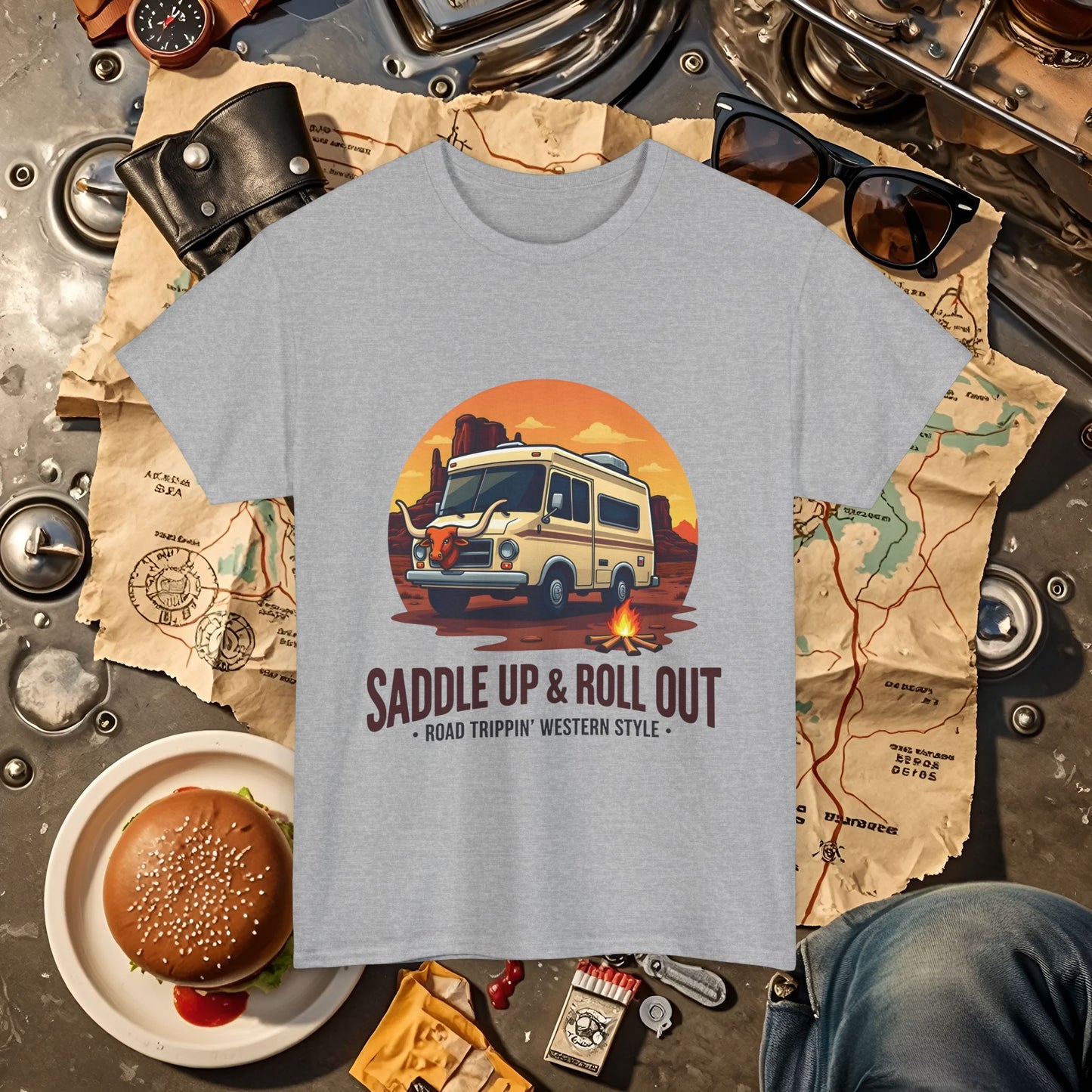 Saddle Up and Roll out Road Trip & Vehicle Travel T-Shirts | Car, RV, and Motorcycle Adventure Tees