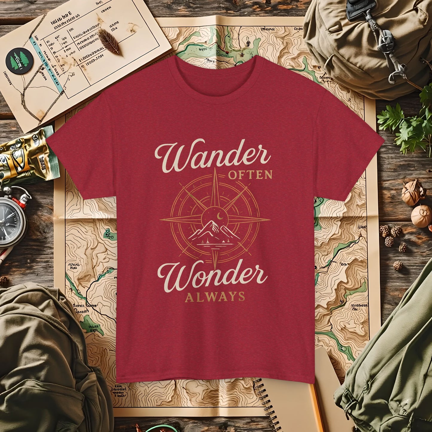 Wander Often, Wonder Always – Compass Quote Travel Tee | Camping, Hiking, Rafting & Kayaking Tees for Nature Lovers