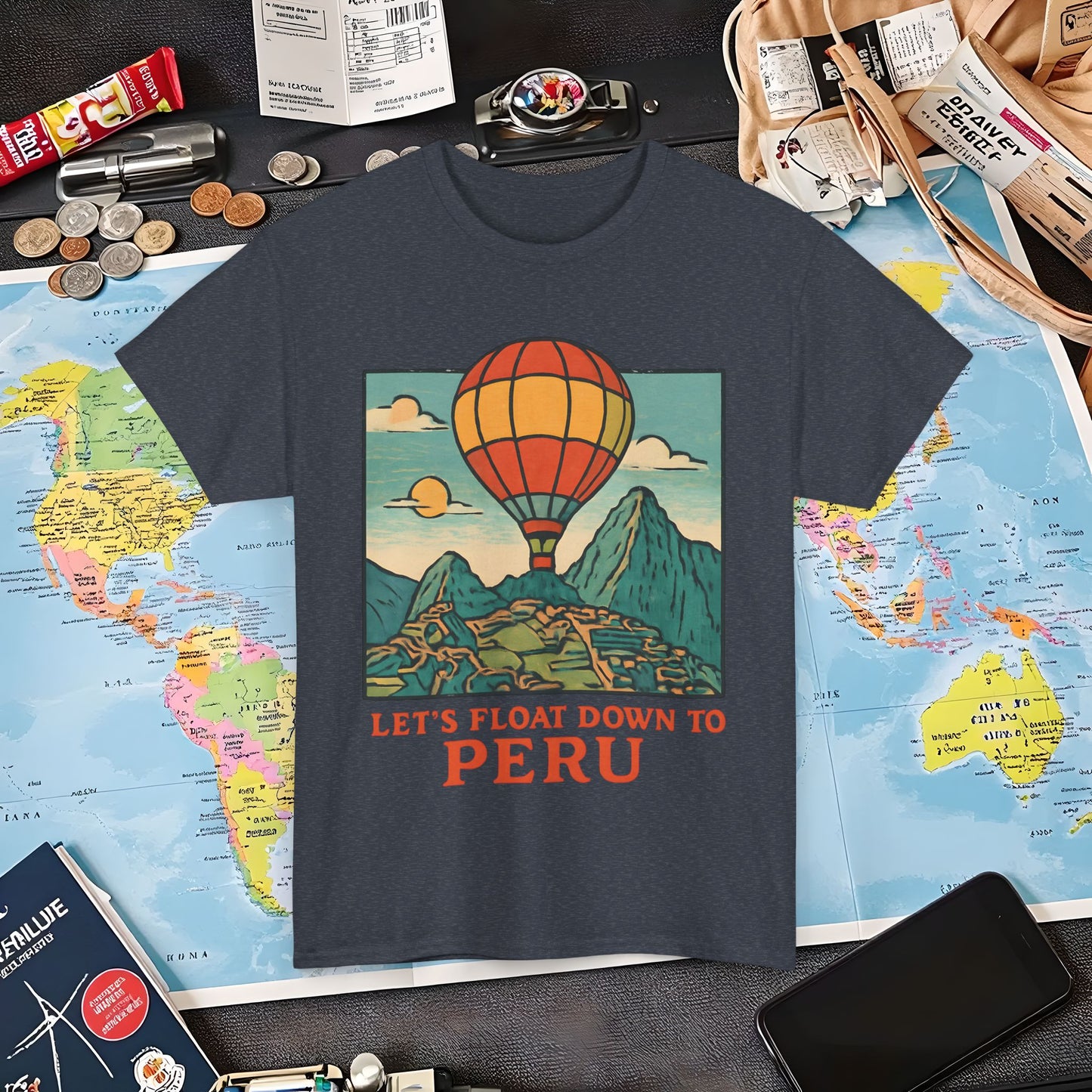 Let’s Float Down to Peru T-Shirt – Vintage Hot-Air Balloon Over Machu Picchu Design Air Travel T-Shirts | Jetsetter, Airport, and International Flight Tees