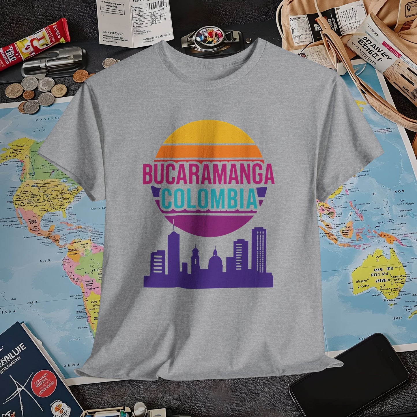 Retro Bucaramanga Skyline Sunset Tee – Vintage Colombia Travel Shirt| Layover Club Air Travel T-Shirts | Jetsetter, Airport, and International Flight Tees