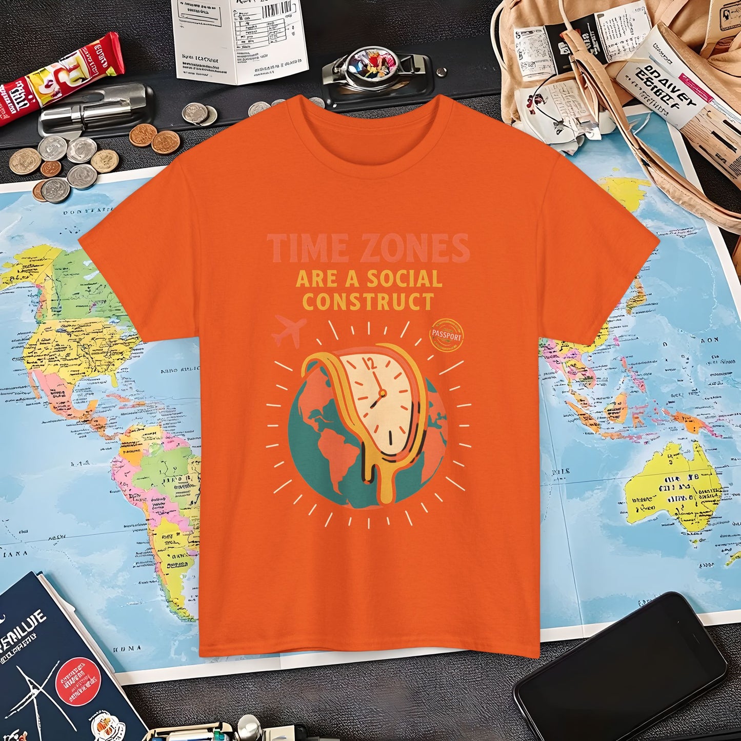 Time Zones Are a Social Construct Tee – Melting Clock Over World Map Travel Shirt Air Travel T-Shirts | Jetsetter, Airport, and International Flight Tees