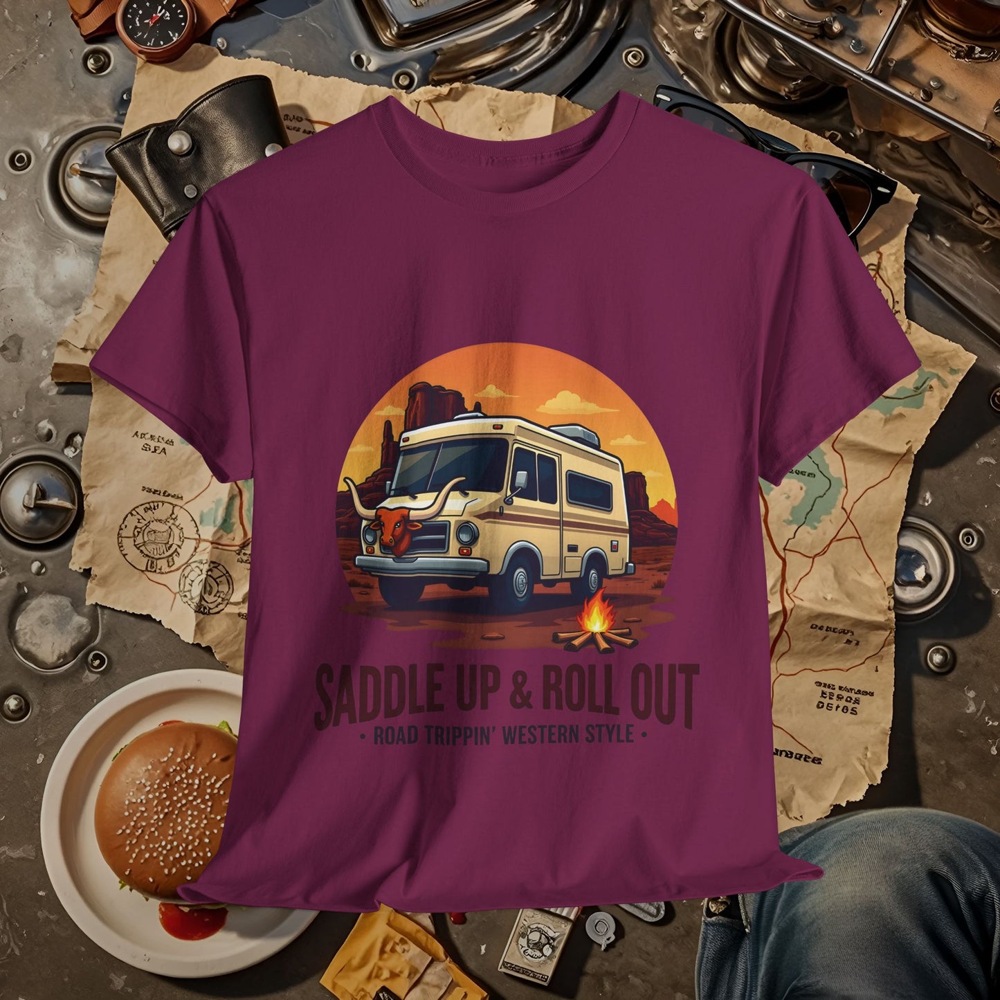 Saddle Up and Roll out Road Trip & Vehicle Travel T-Shirts | Car, RV, and Motorcycle Adventure Tees