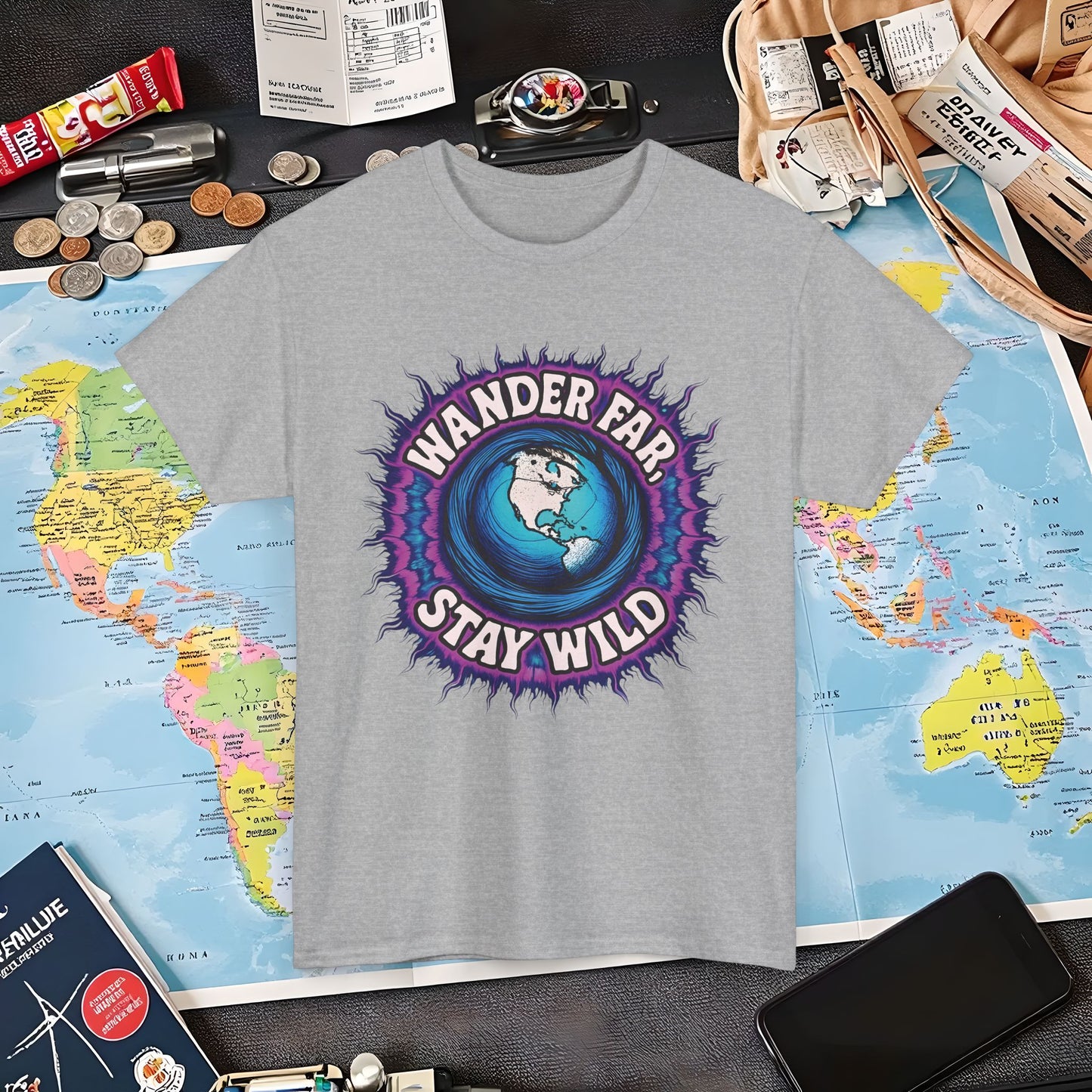 Wander Far, Stay Wild T-Shirt – Globe Burst Adventure Design Air Travel T-Shirts | Jetsetter, Airport, and International Flight Tees