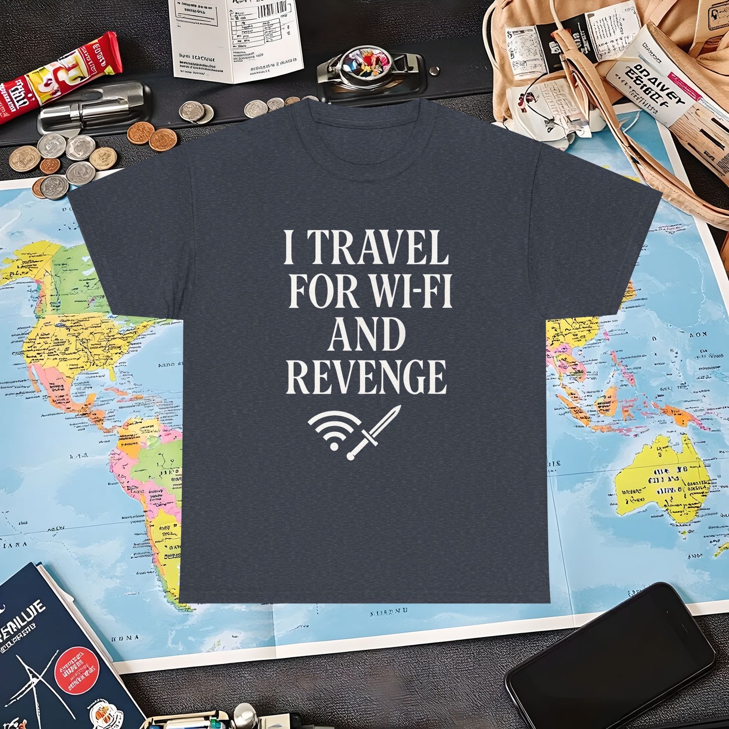 I Travel for WiFi and Revenge – Bold Quote Tee with Dagger Icon Air Travel T-Shirts | Jetsetter, Airport, and International Flight Tees