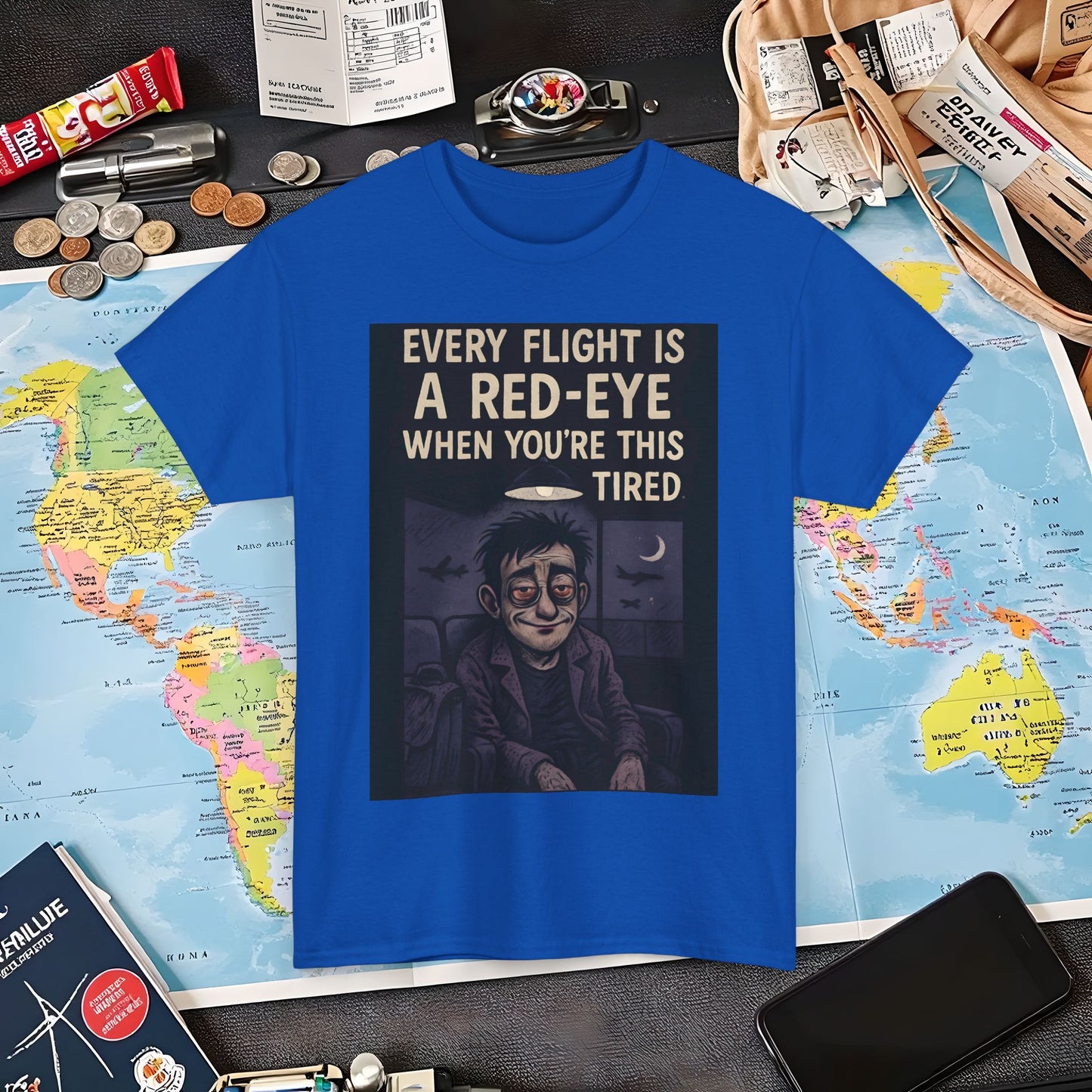 Every Flight Is a Red Eye Tee – Exhausted Traveler Comic Noir Shirt Air Travel T-Shirts | Jetsetter, Airport, and International Flight Tees