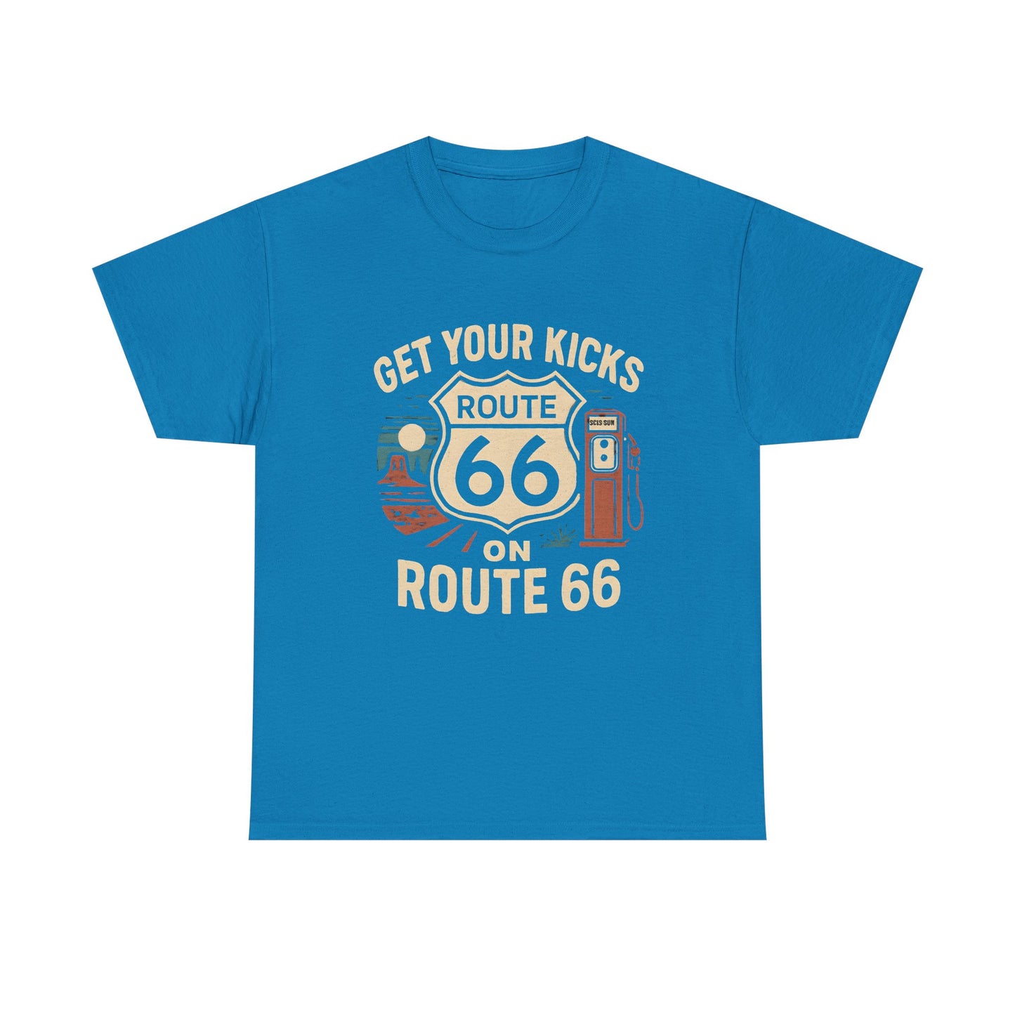Get Your Kicks on Route 66 T-Shirt – Vintage Desert Scene with Classic Gas Pump & Roadside Vibes Road Trip & Vehicle Travel T-Shirts | Car, RV, and Motorcycle Adventure Tees