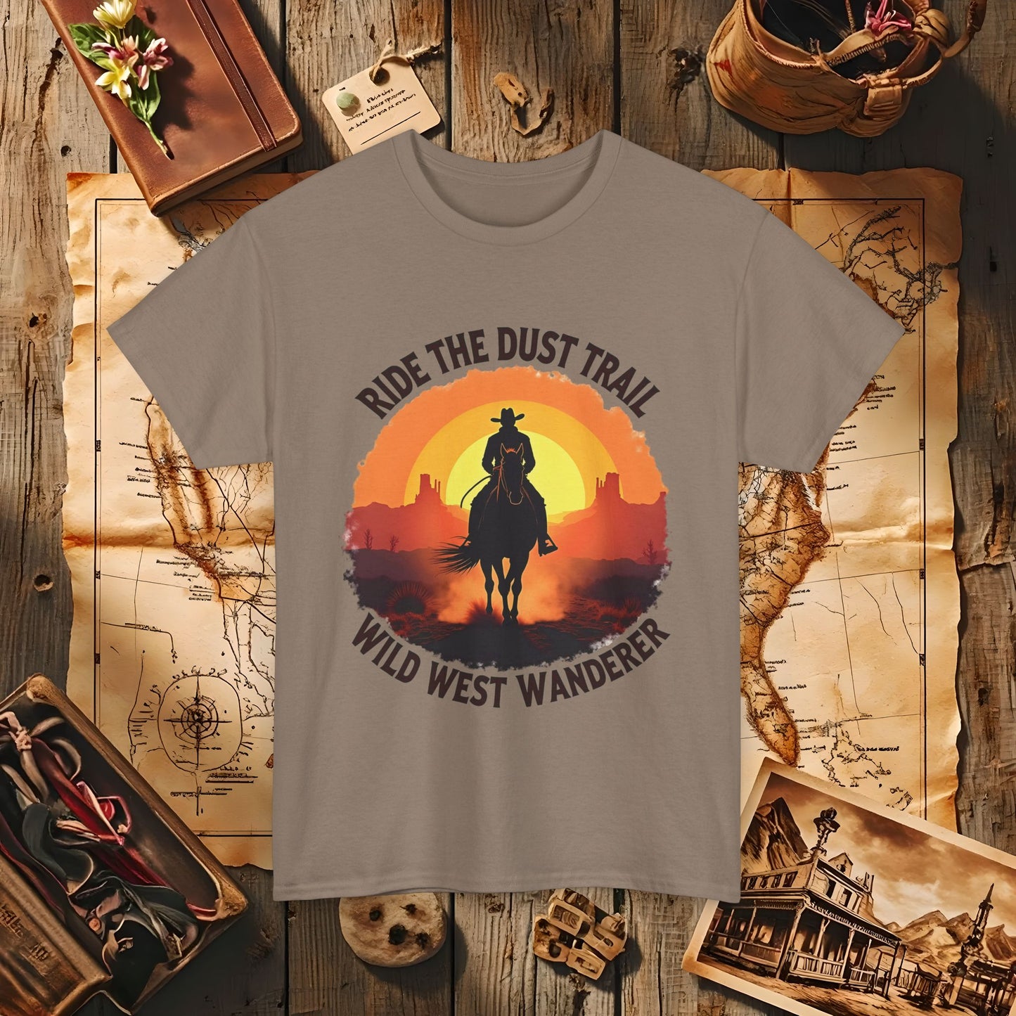 Ride the Dust Trail, Wild West Wanderer Western Travel T-Shirts | Desert, Ghost Town, and Cowboy-Inspired Adventure Tees