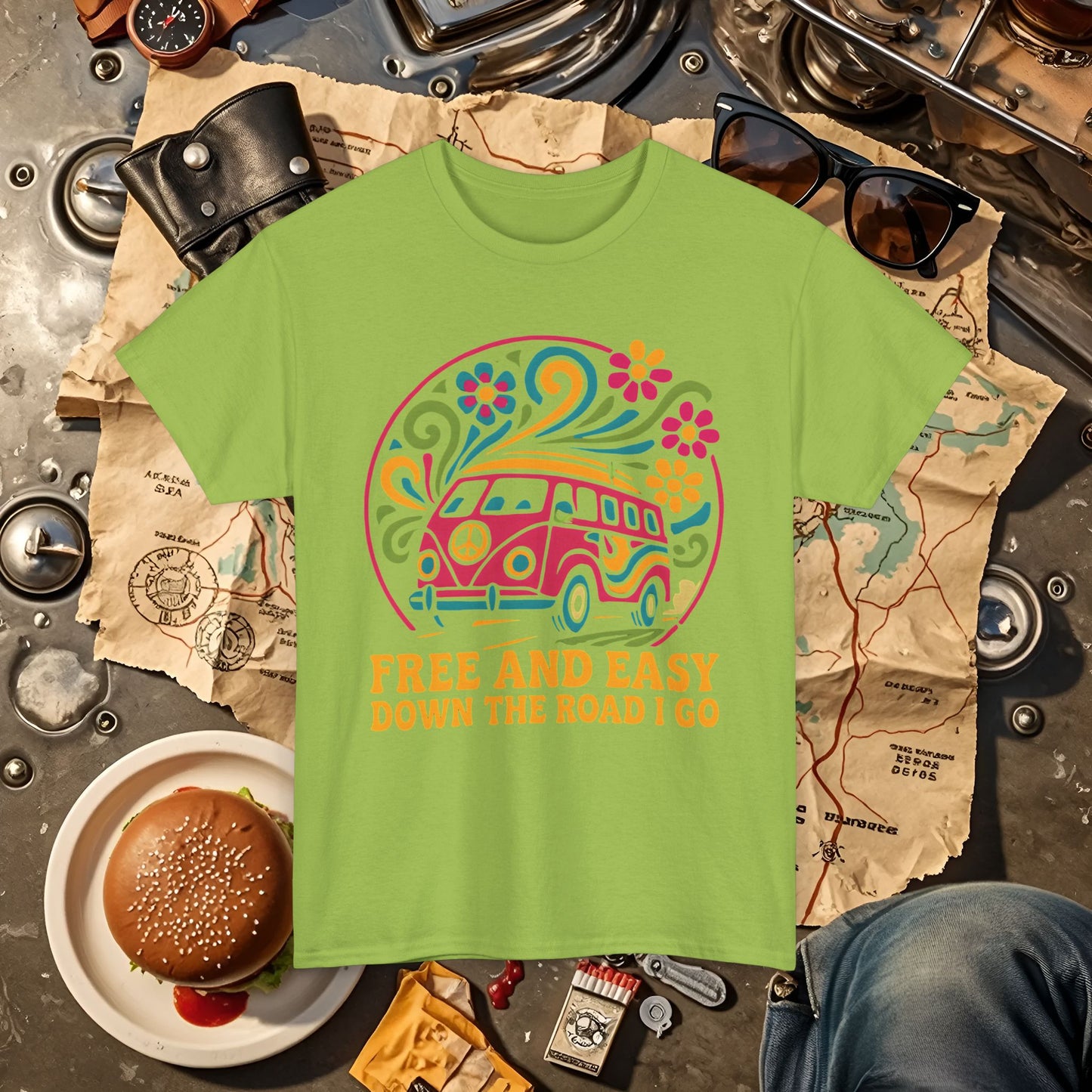 Free and Easy T-Shirt – Retro Hippie Van with Floral Freedom Vibes