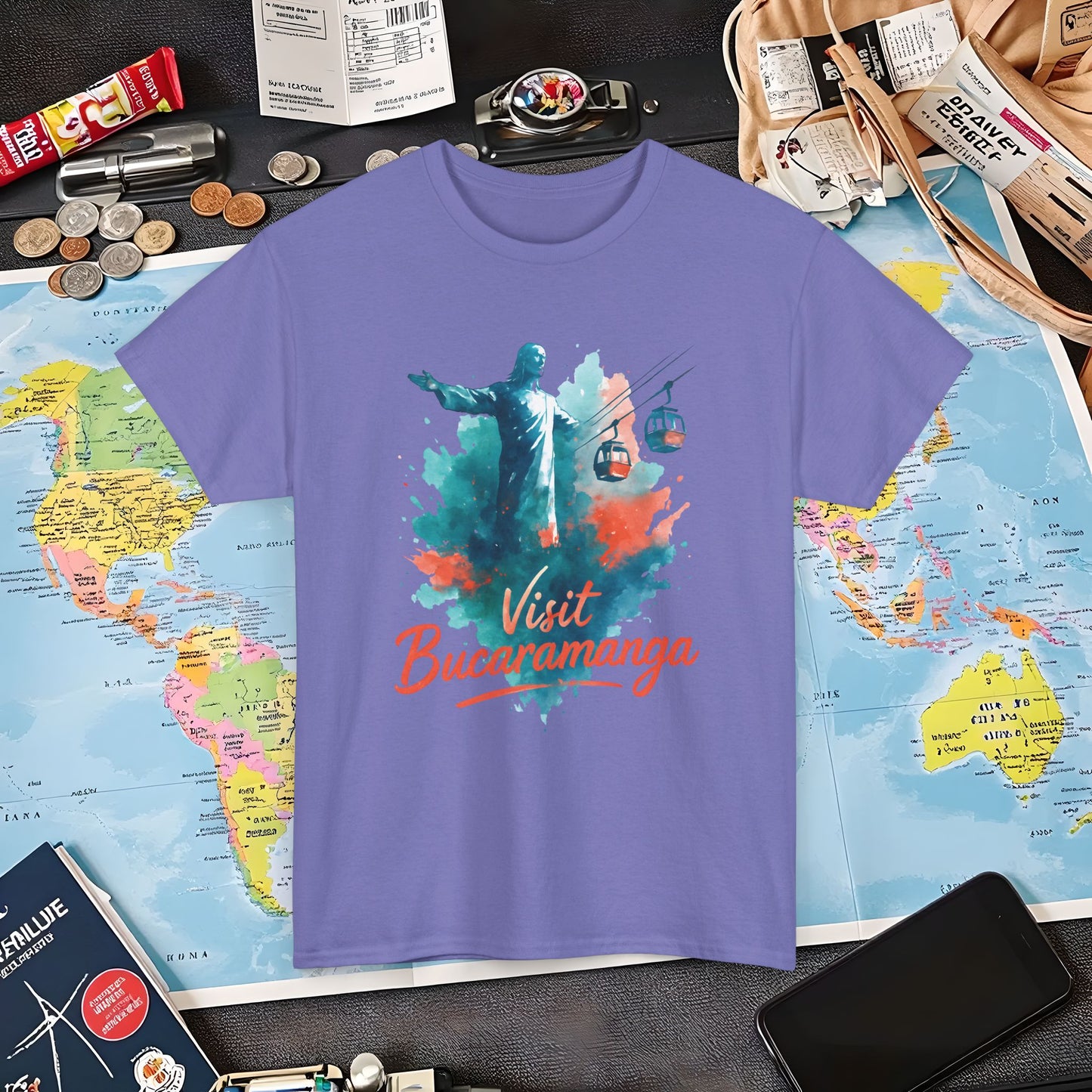 Cerro del Santísimo & Cable Car – Vibrant Watercolor Colombia Travel Tee | Layover Club Air Travel T-Shirts | Jetsetter, Airport, and International Flight Tees