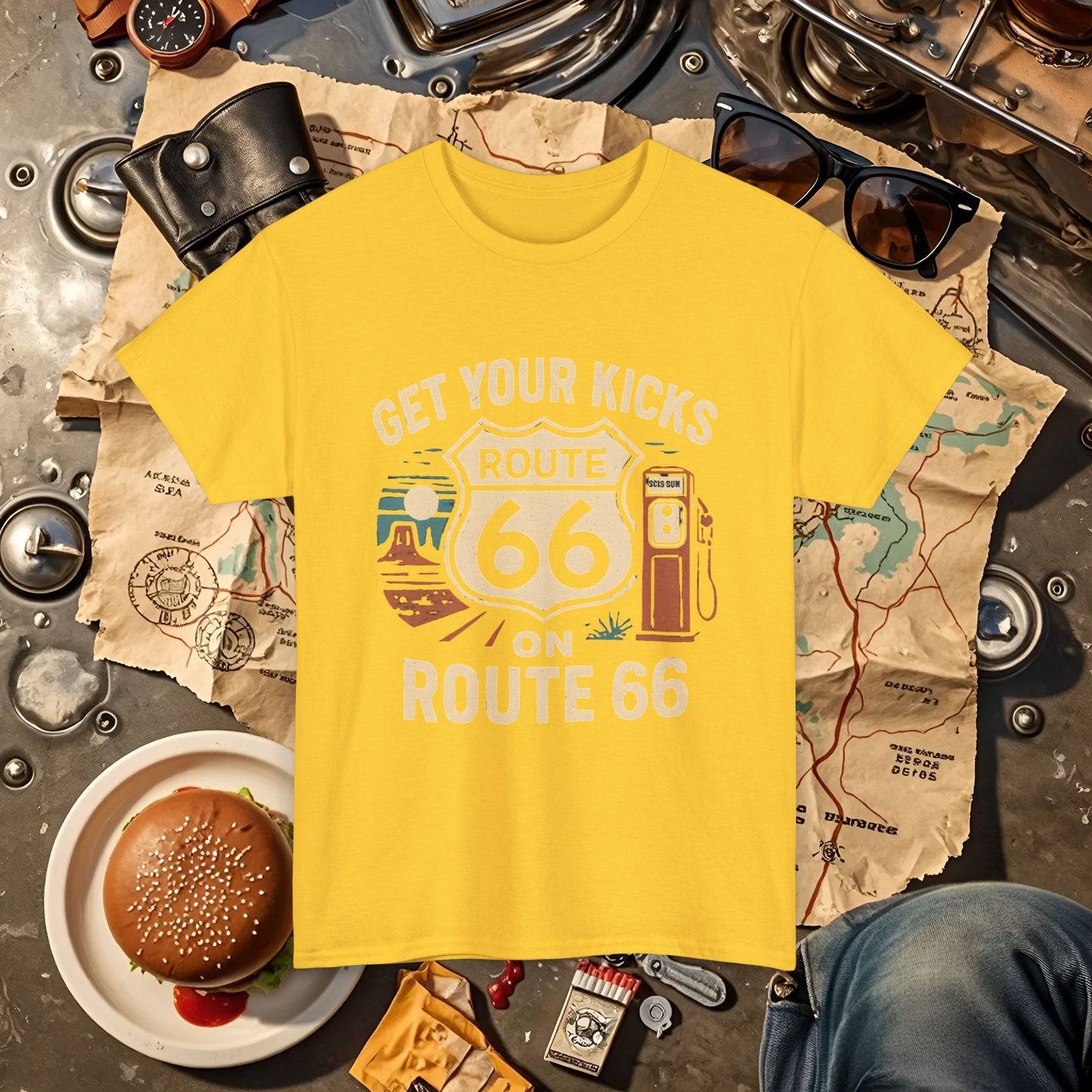 Get Your Kicks on Route 66 T-Shirt – Vintage Desert Scene with Classic Gas Pump & Roadside Vibes Road Trip & Vehicle Travel T-Shirts | Car, RV, and Motorcycle Adventure Tees
