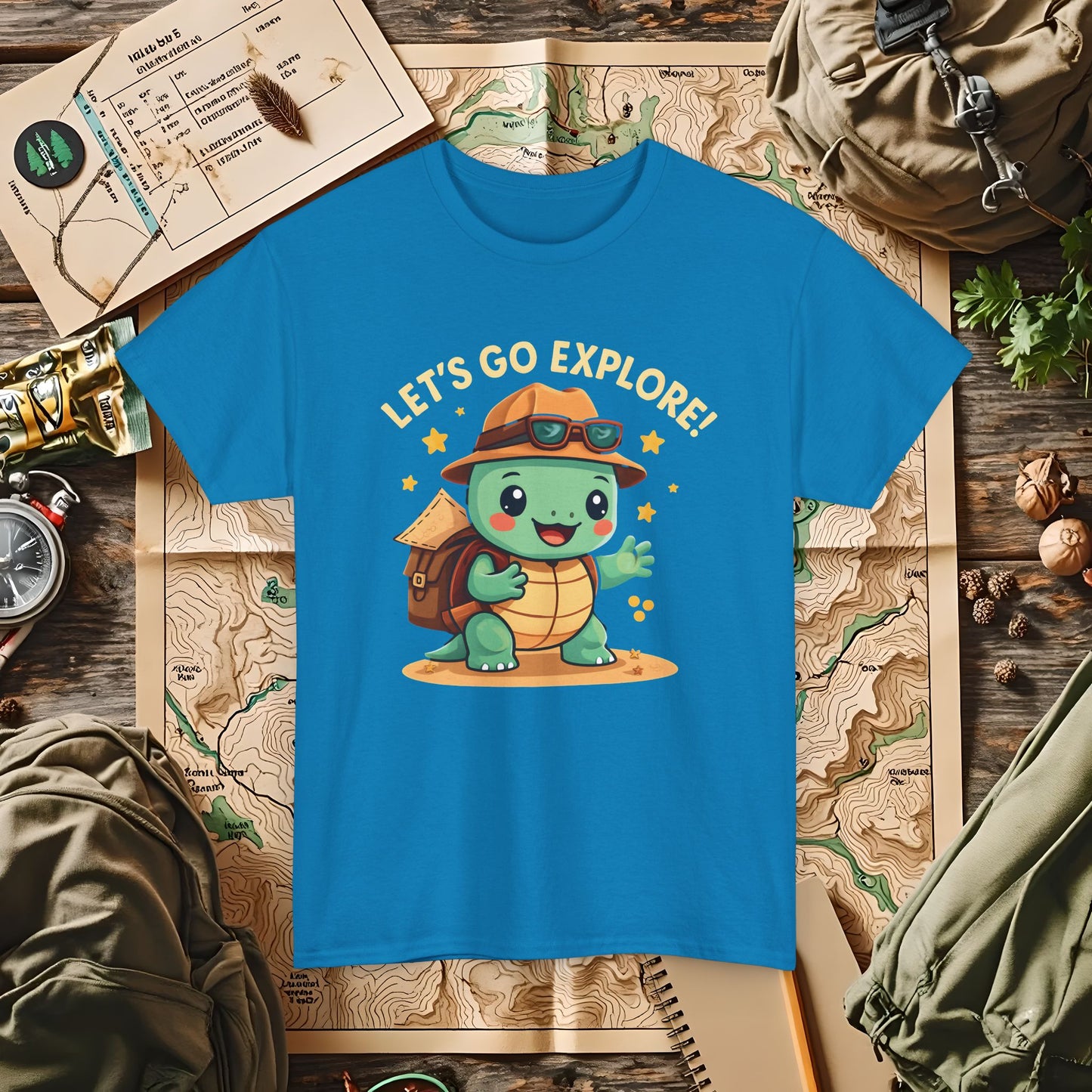 Let’s Go Explore T-Shirt – Cute Turtle Explorer with Travel Gear Design | Camping, Hiking, Rafting & Kayaking Tees for Nature Lovers