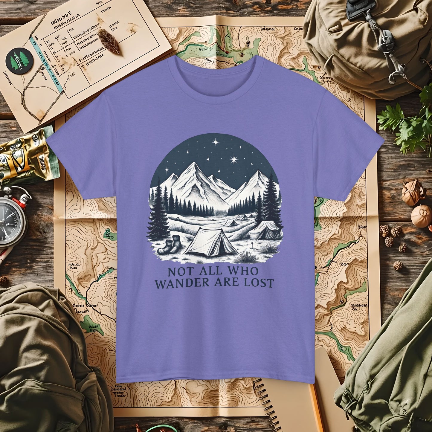 Not All Who Wander Are Lost T-Shirt – Mountain Camping Under Starry Night Camping, Hiking, Rafting & Kayaking Tees for Nature Lovers